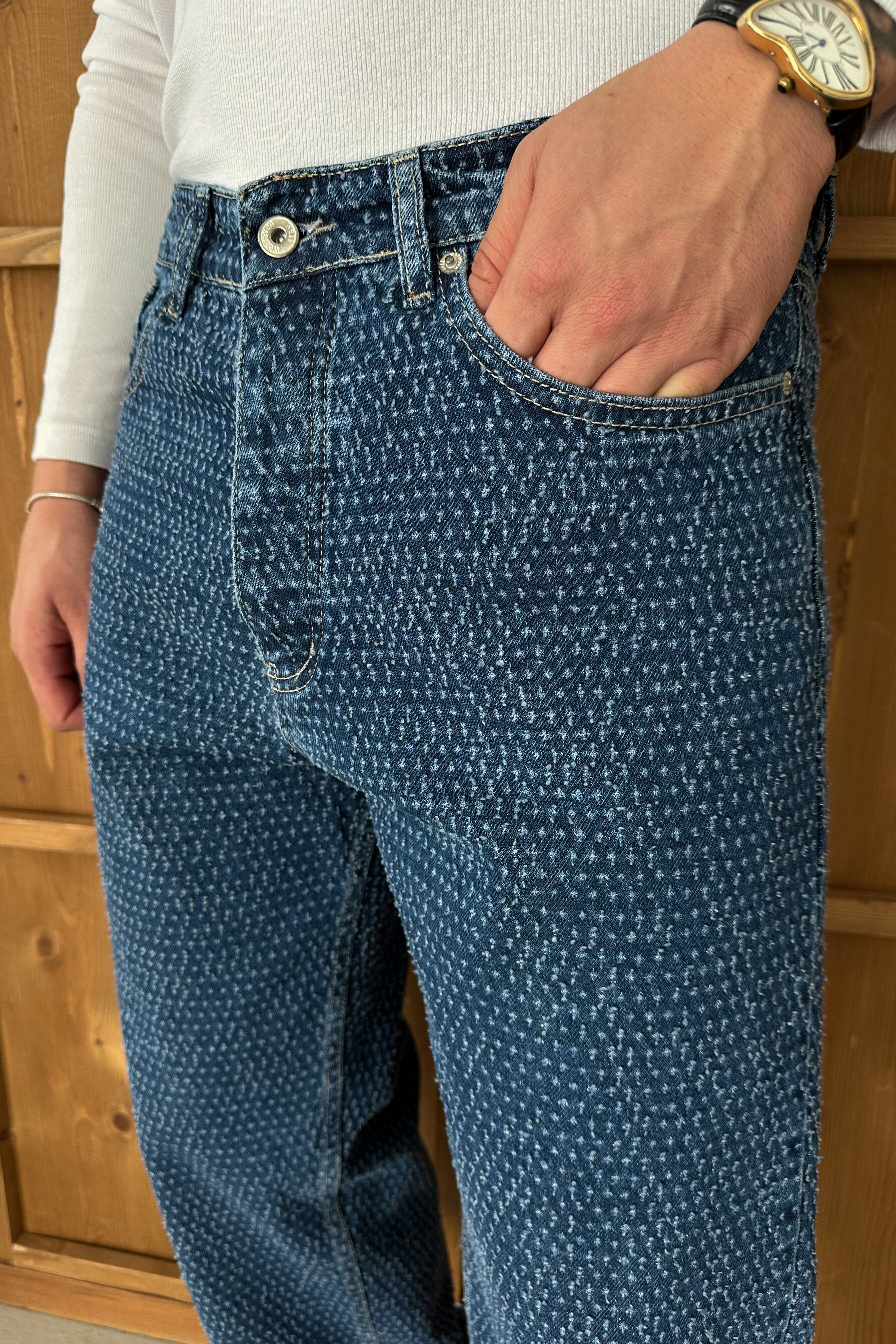 BAGGY FİT NOKTA YIRTIK DETAY TASARIM KOT PANTOLON • LACİVERT W11