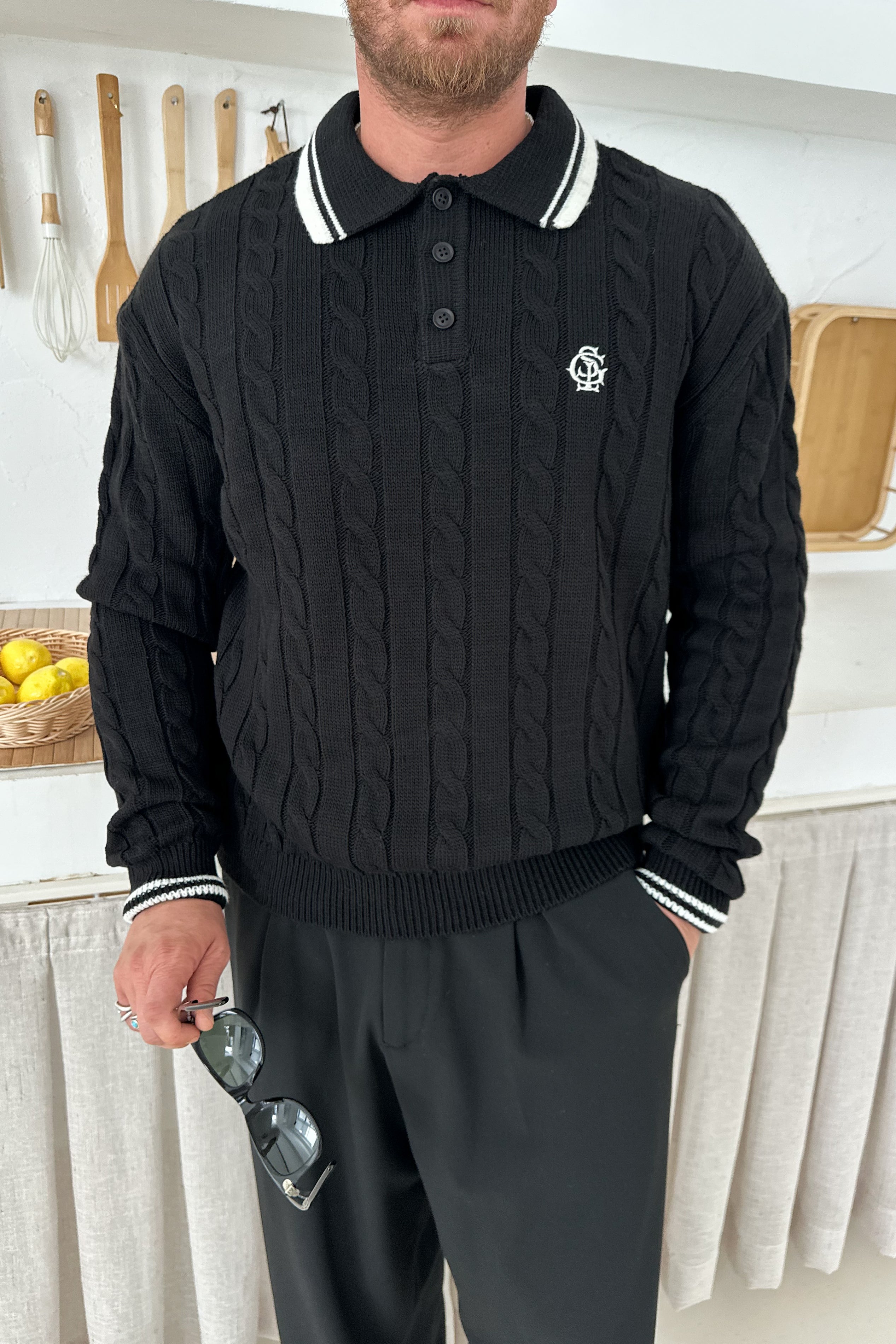 OVERSİZE OLD MONEY ÖRGÜ MODEL POLO YAKA TRİKO • SİYAH