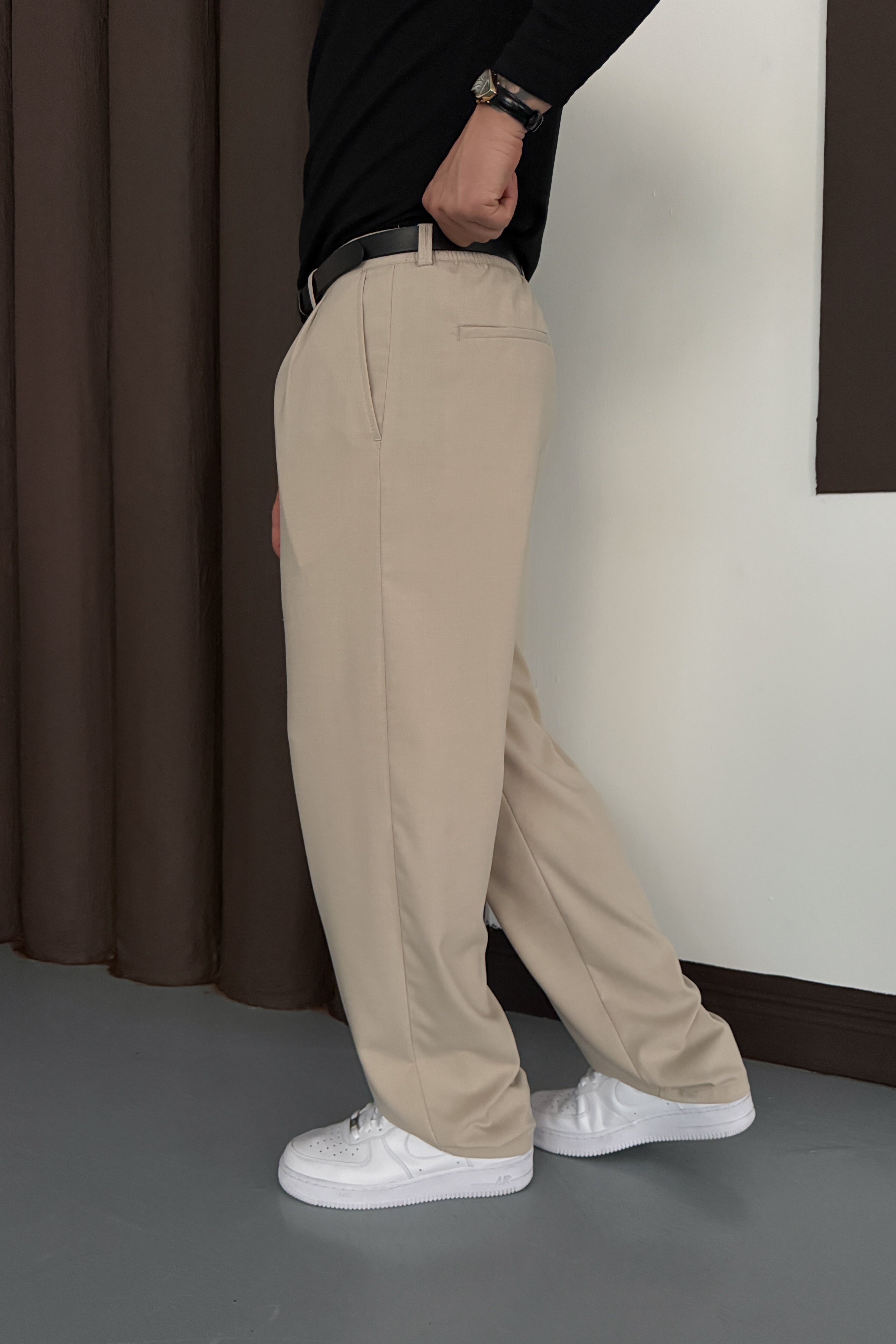 BAGGY KALIP PİLELİ KUMAŞ PANTOLON • BEJ