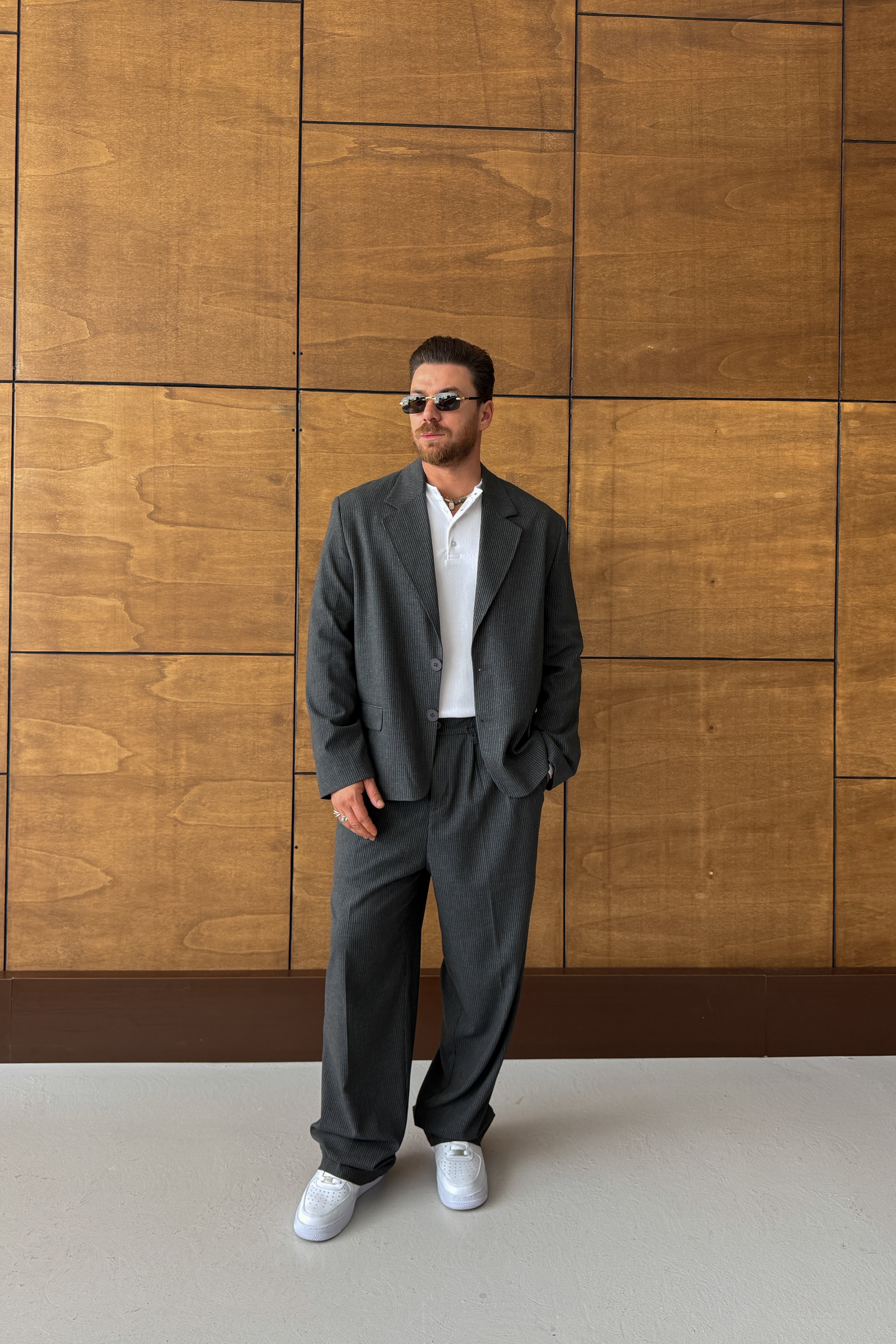 OVERSİZE ÇİZGİLİ BLAZER TAKIM ELBİSE • ANTRASİT