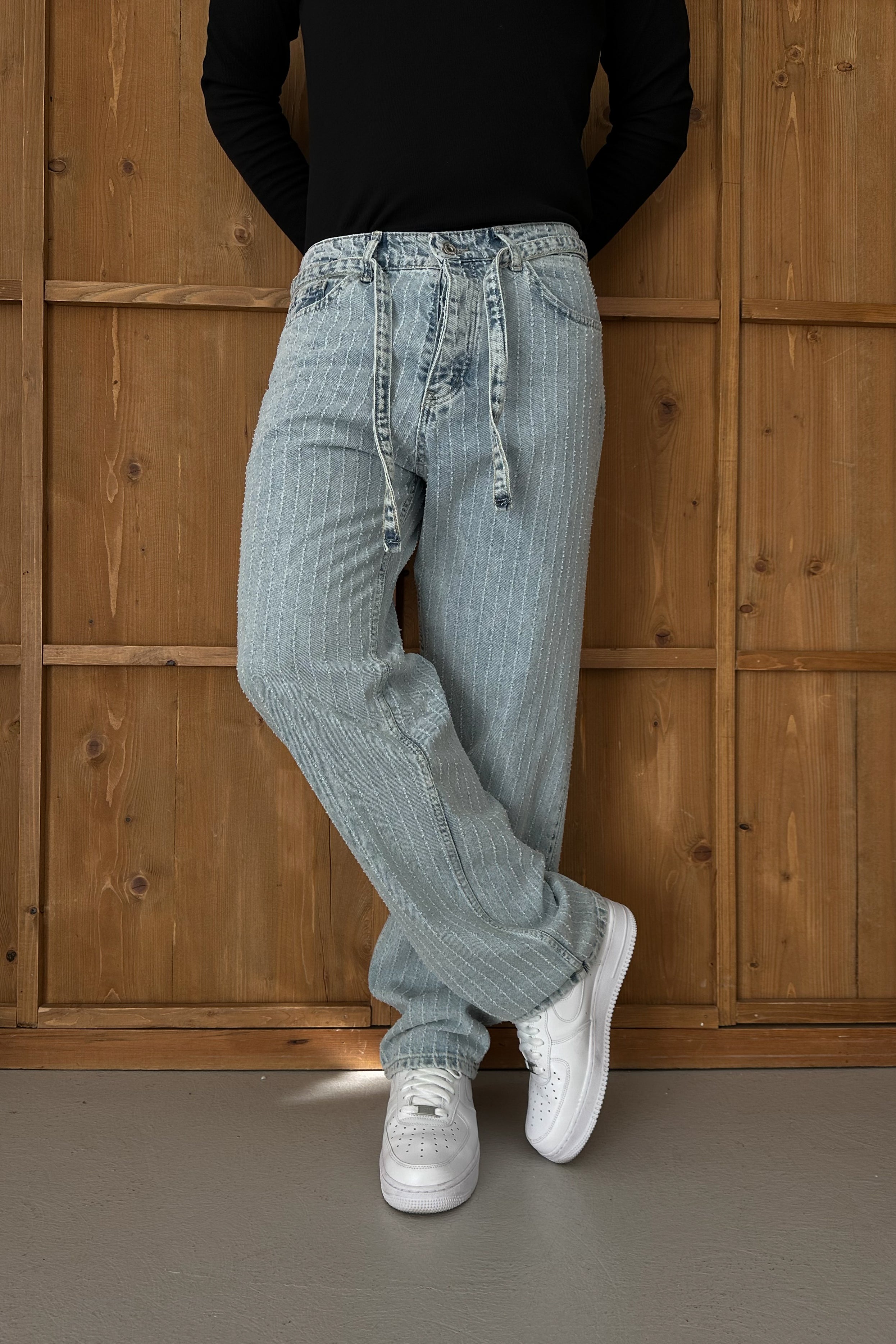 BAGGY FİT KEMER DETAY TASARIM KOT PANTOLON • AÇIK MAVİ W11
