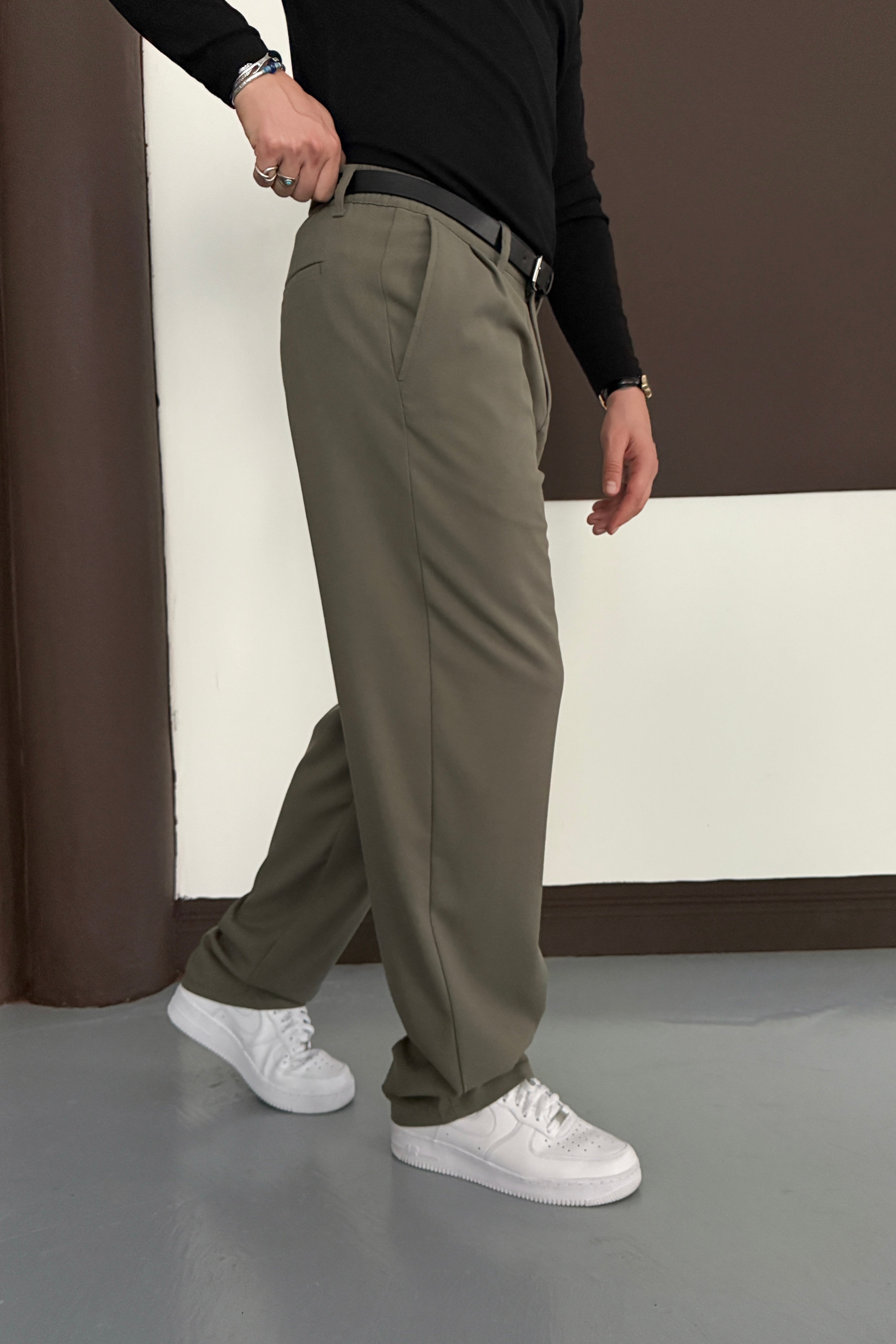 BAGGY KALIP PİLELİ KUMAŞ PANTOLON • HAKİ