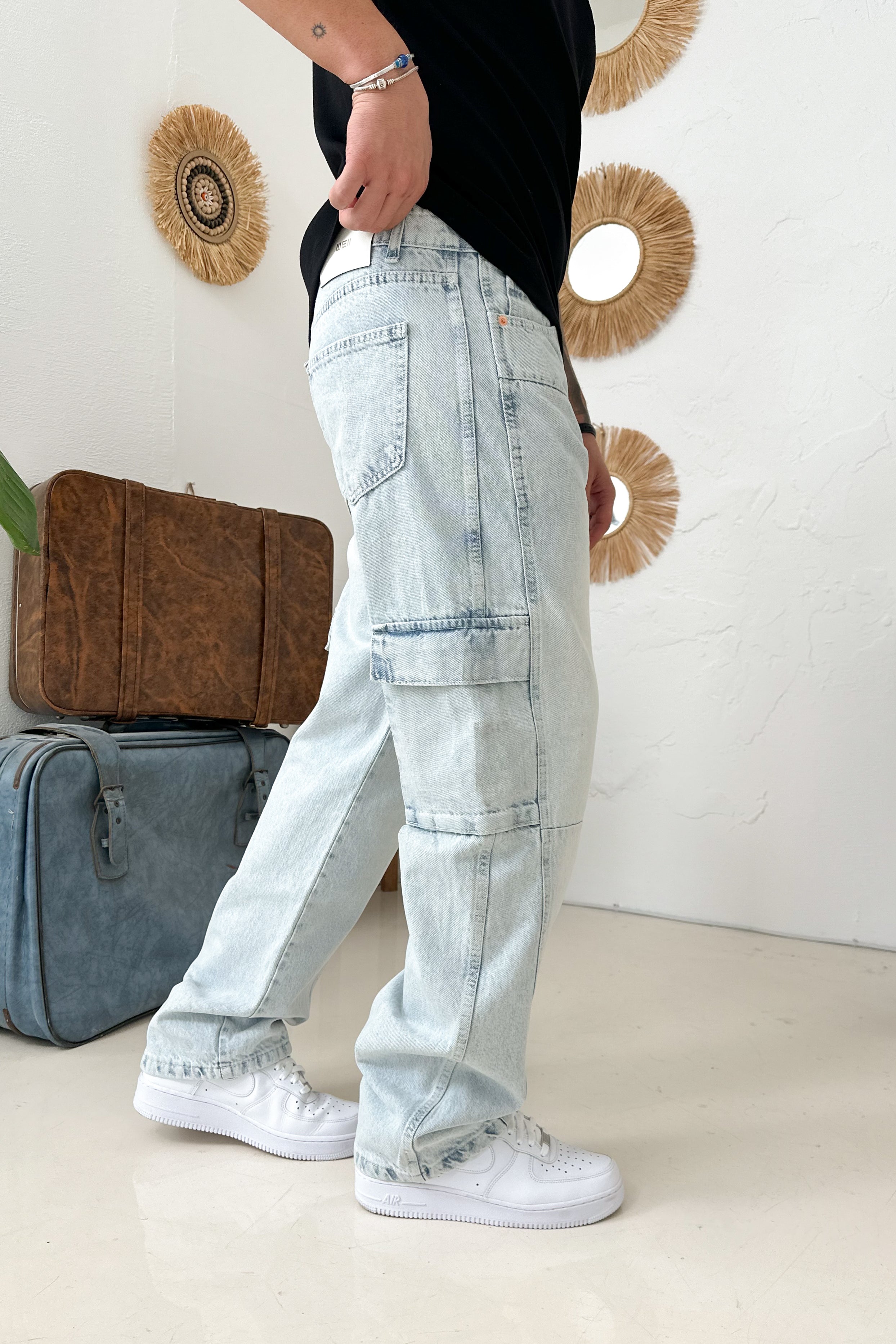 BAGGY KALIP DİKİŞ DETAY KARGO CEP KOT PANTOLON • AÇIK MAVİ