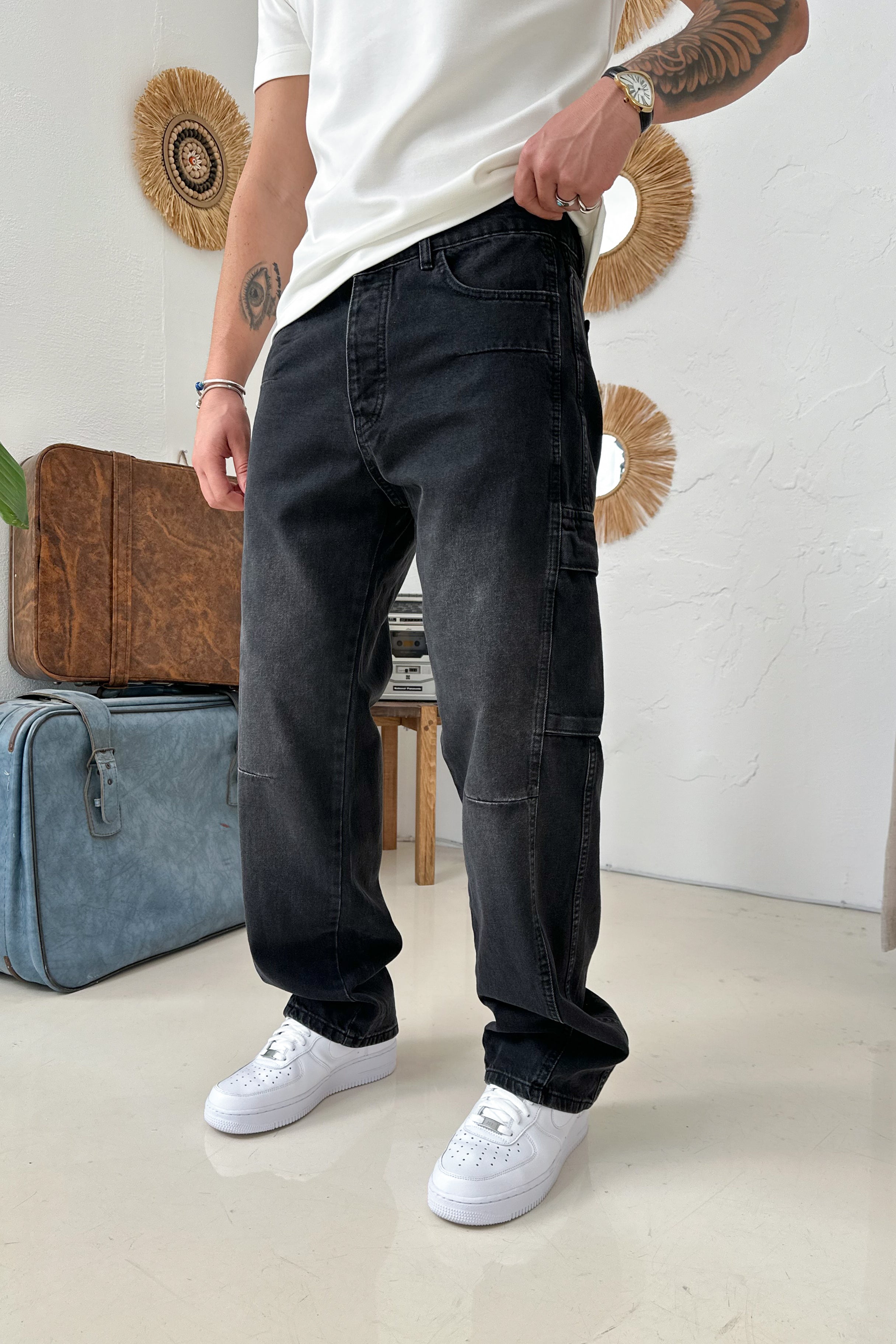 BAGGY KALIP DİKİŞ DETAY KARGO CEP KOT PANTOLON • SİYAH