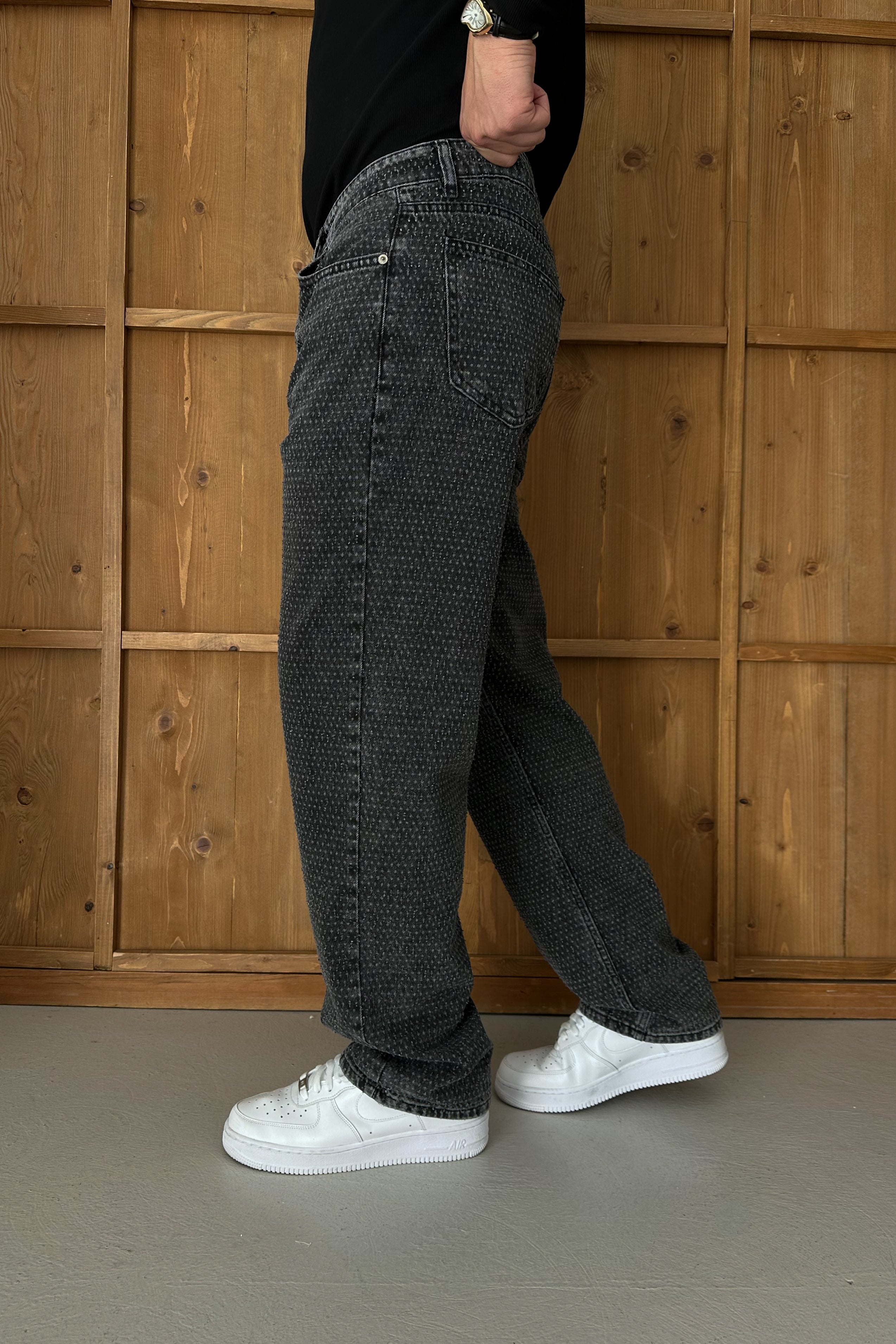BAGGY FİT NOKTA YIRTIK DETAY TASARIM KOT PANTOLON • SİYAH W11