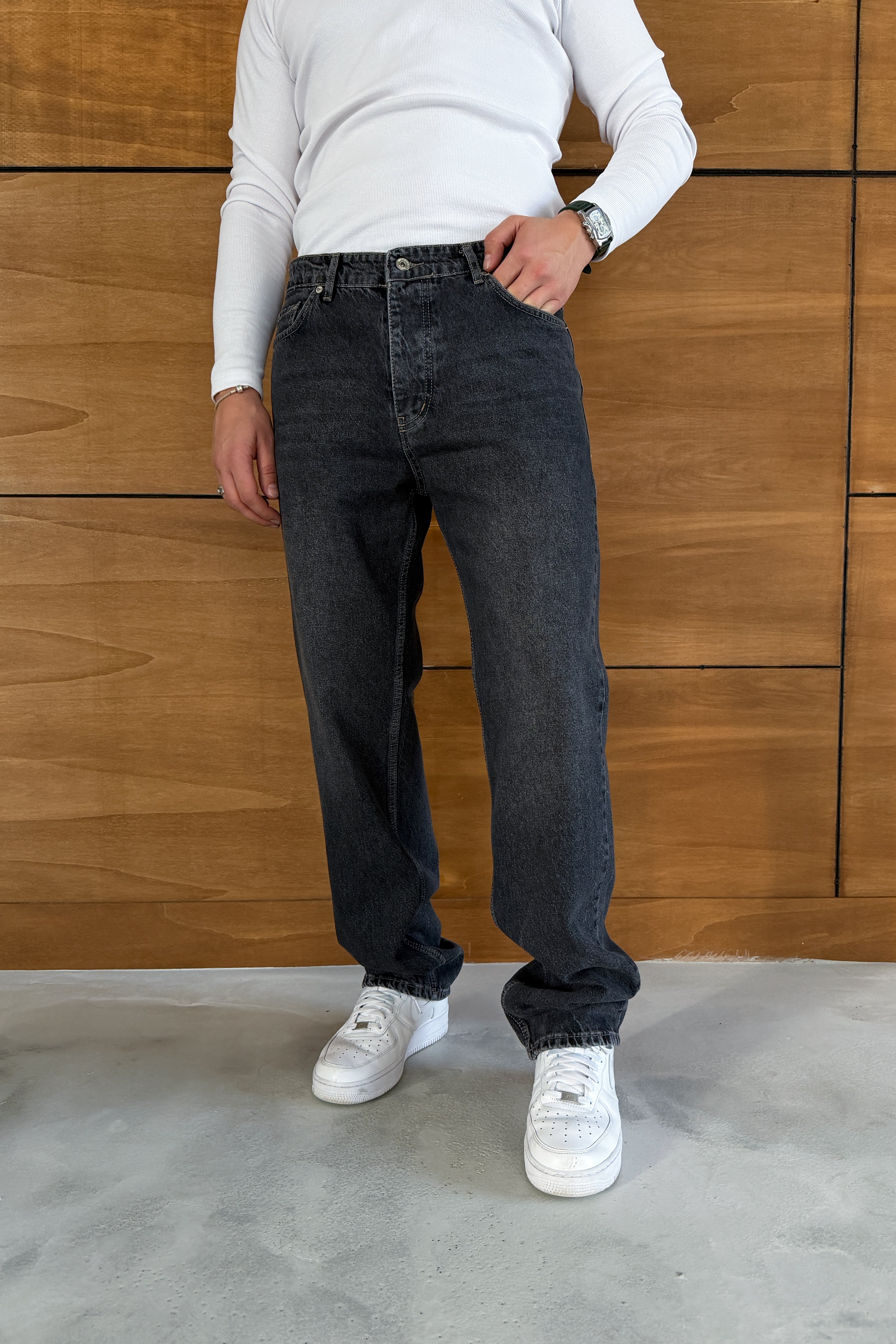 BAGGY FİT TAŞLANMIŞ KOT PANTOLON • ANTRASİT