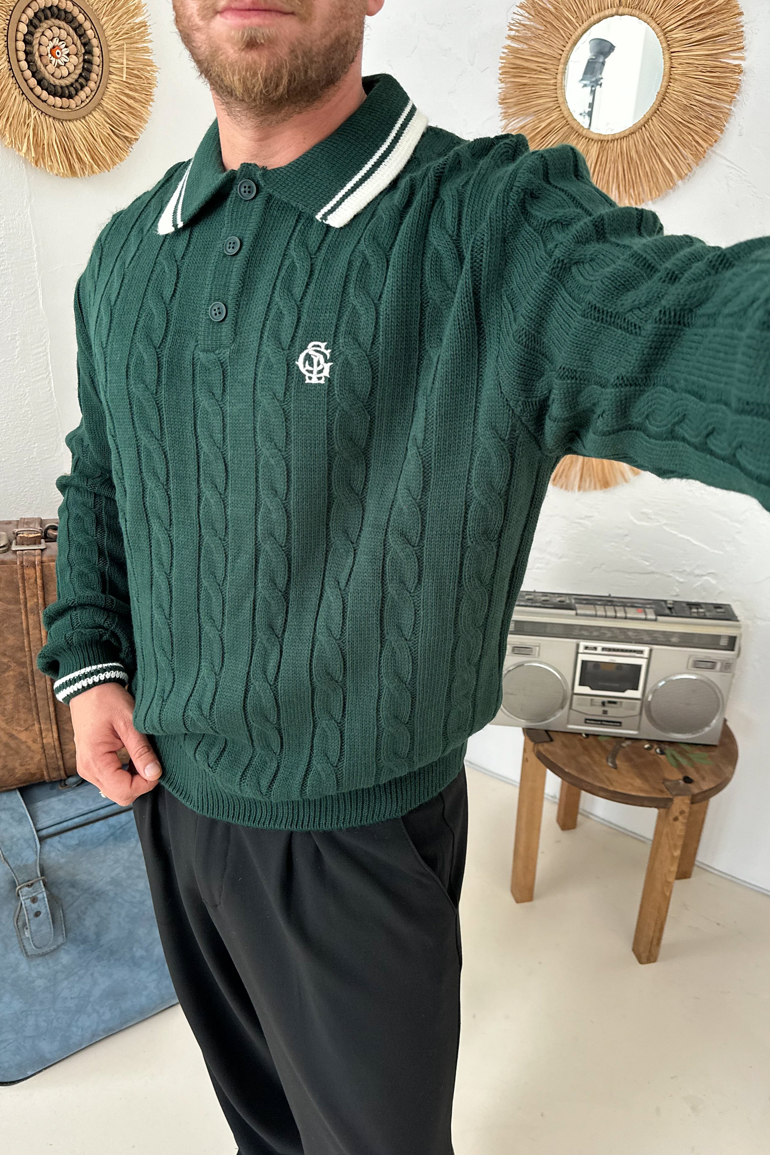 OVERSİZE OLD MONEY ÖRGÜ MODEL POLO YAKA TRİKO • YEŞİL