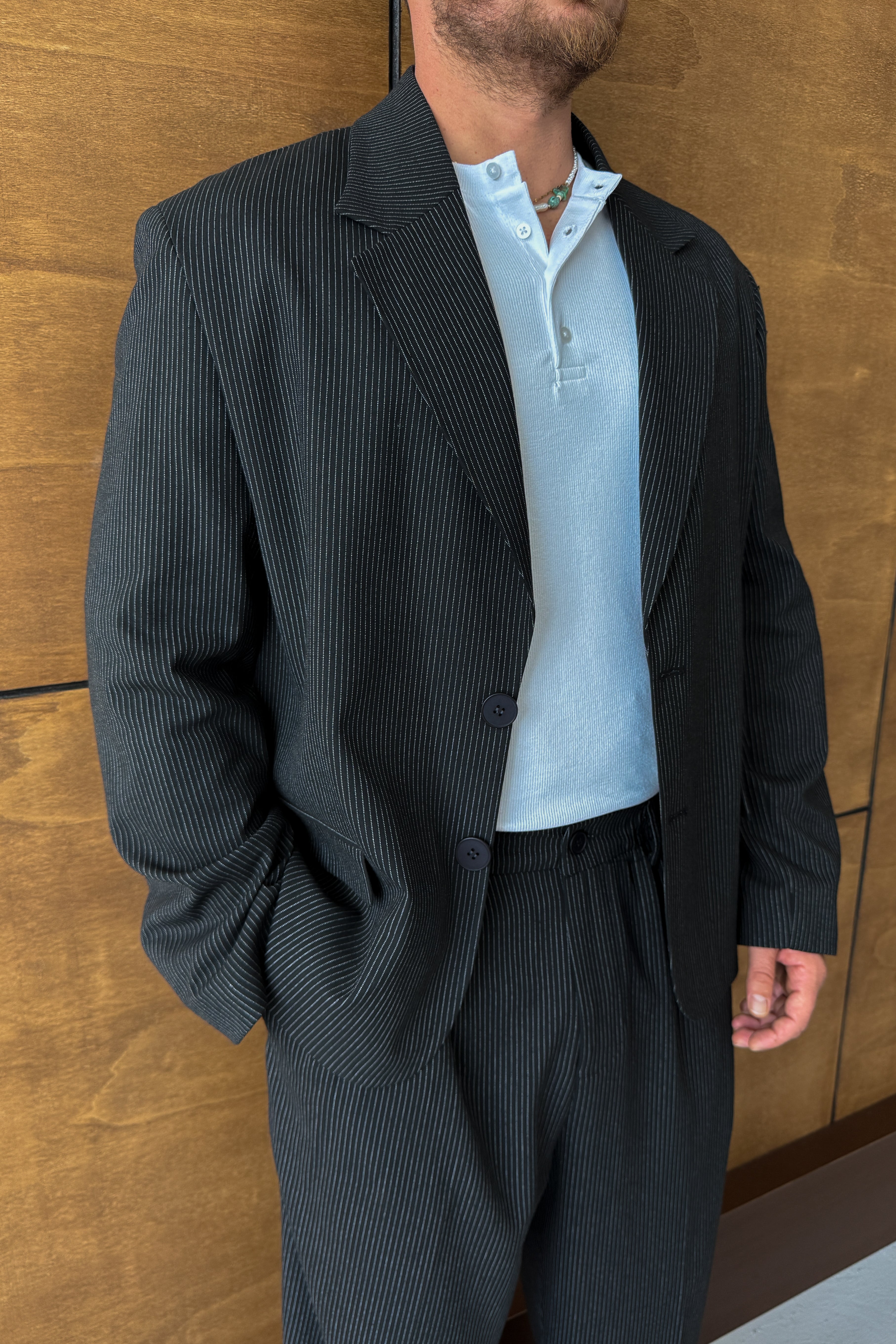 OVERSİZE ÇİZGİLİ BLAZER TAKIM ELBİSE • SİYAH