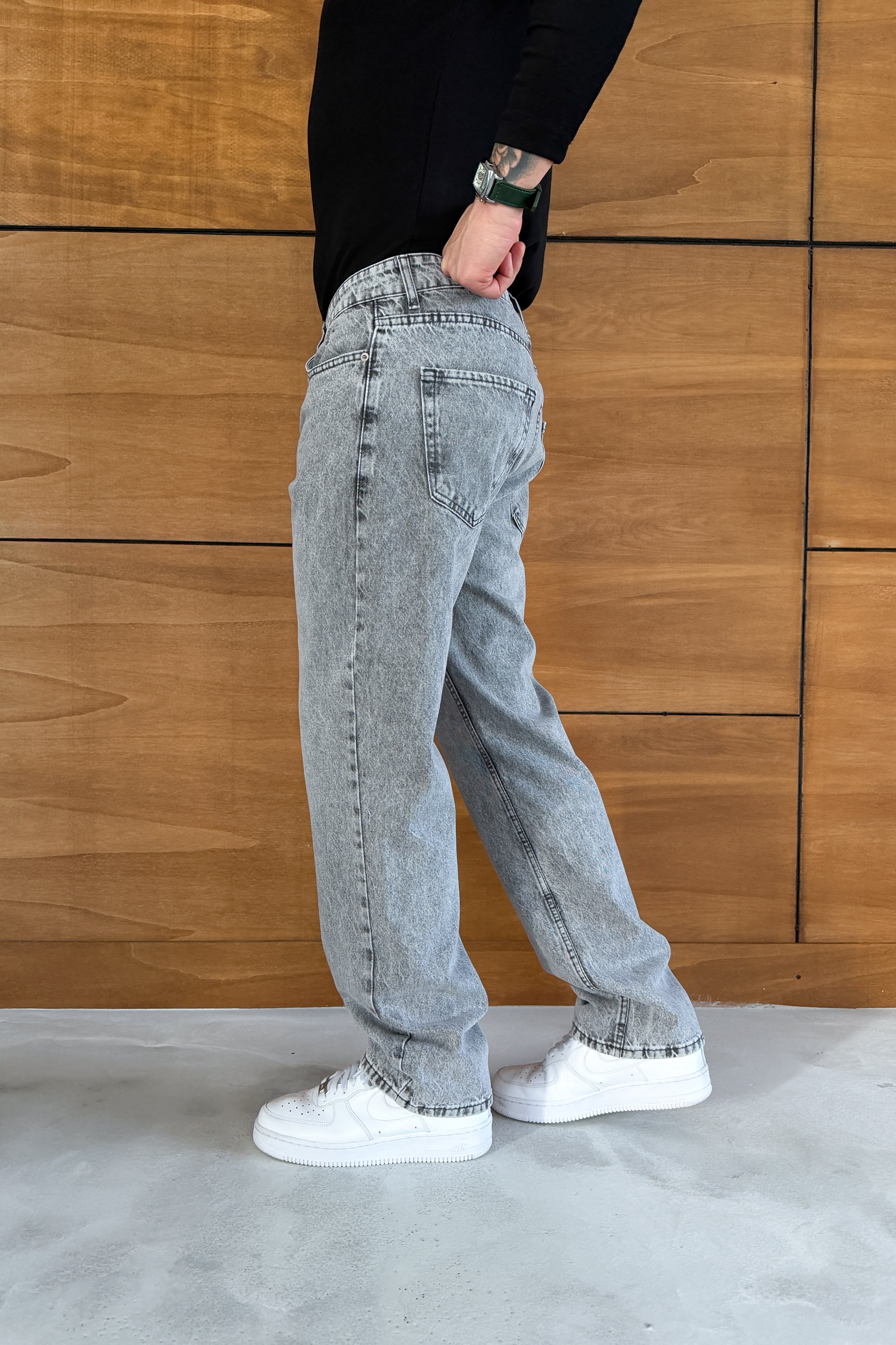 BAGGY FİT CEBİ YIRTIKLI TAŞLANMIŞ KOT PANTOLON • GRİ