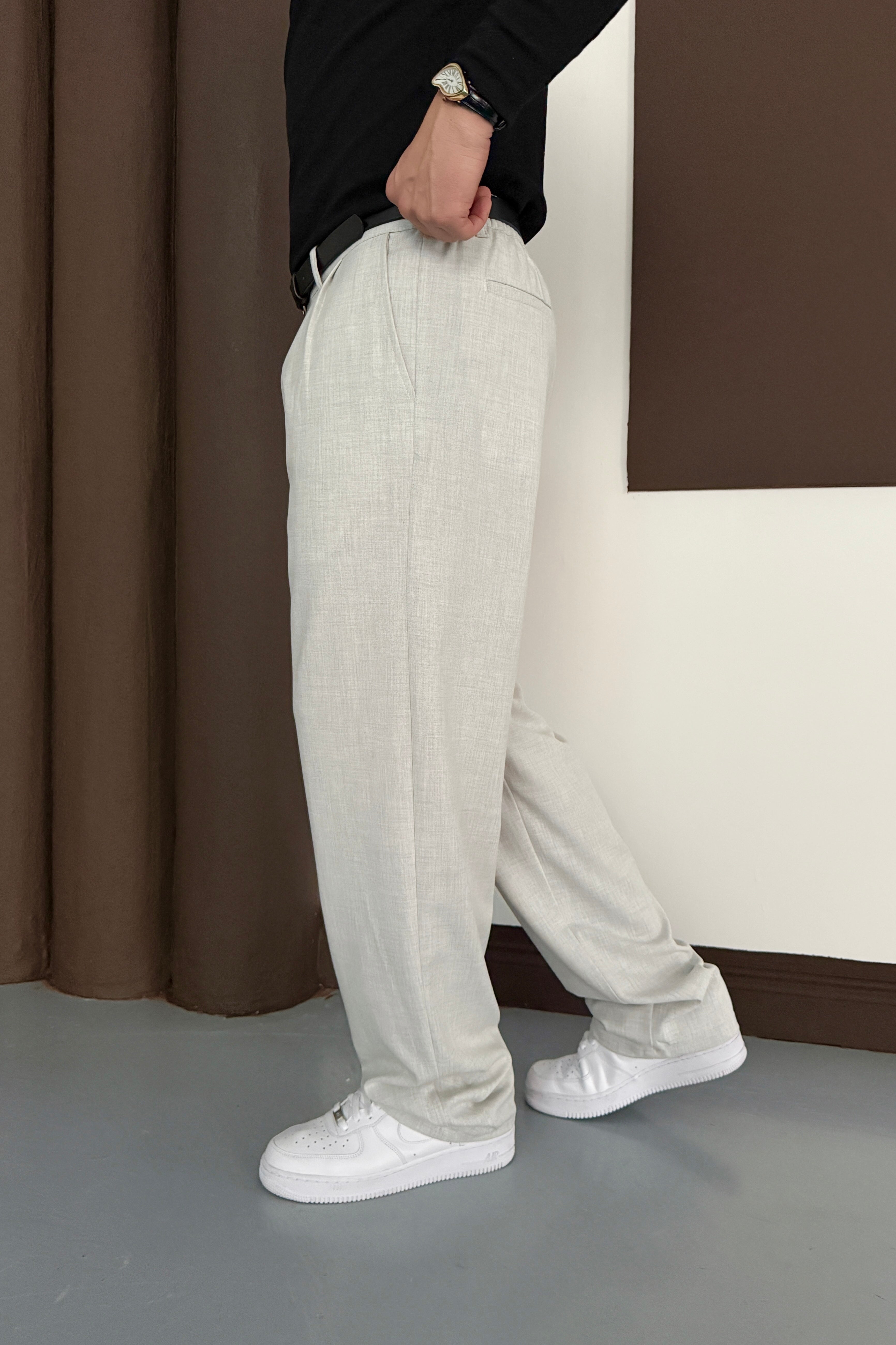 BAGGY KALIP PİLELİ KUMAŞ PANTOLON • GRİ