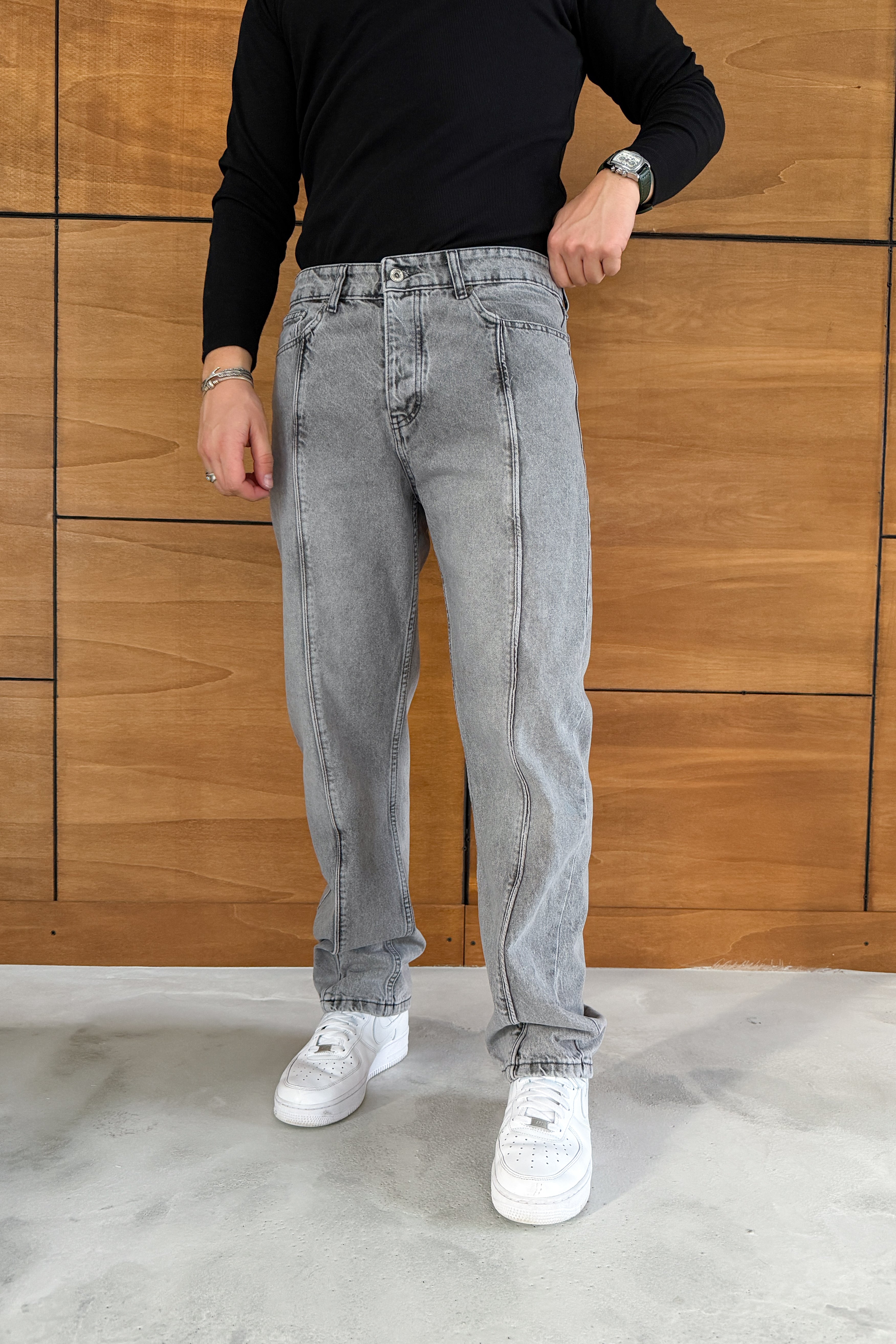 BAGGY FİT DİKİŞ DETAYLI YIKAMALI KOT PANTOLON • GRİ