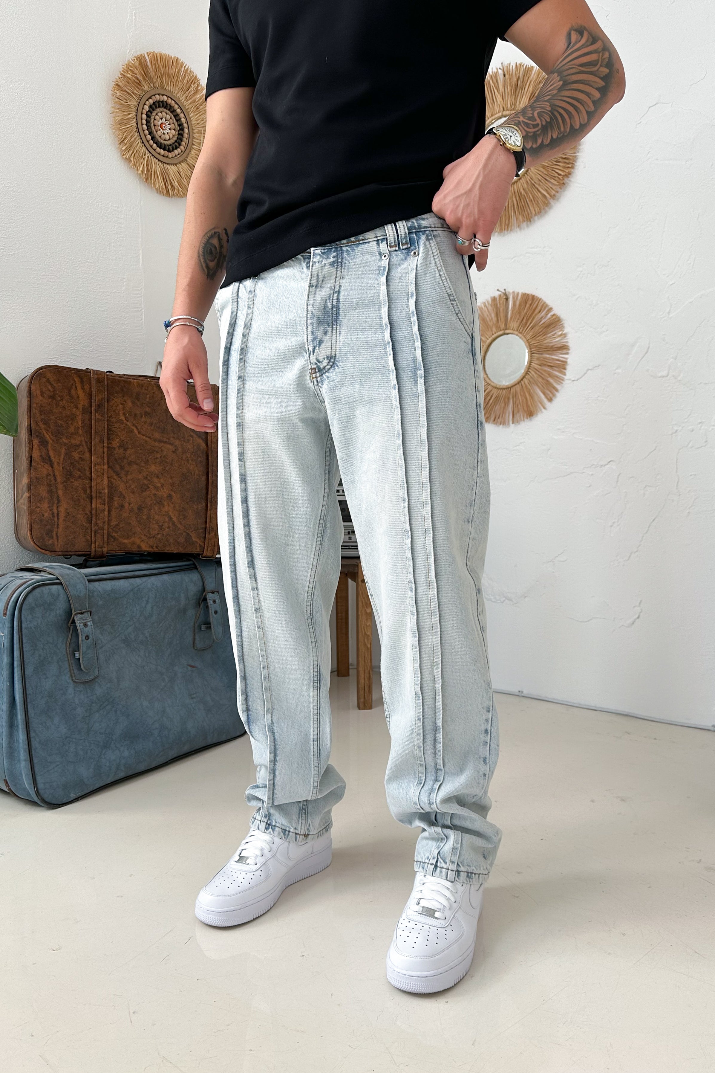 BAGGY KALIP ÇİFT SIRA DİKİŞ DETAY KOT PANTOLON • AÇIK MAVİ