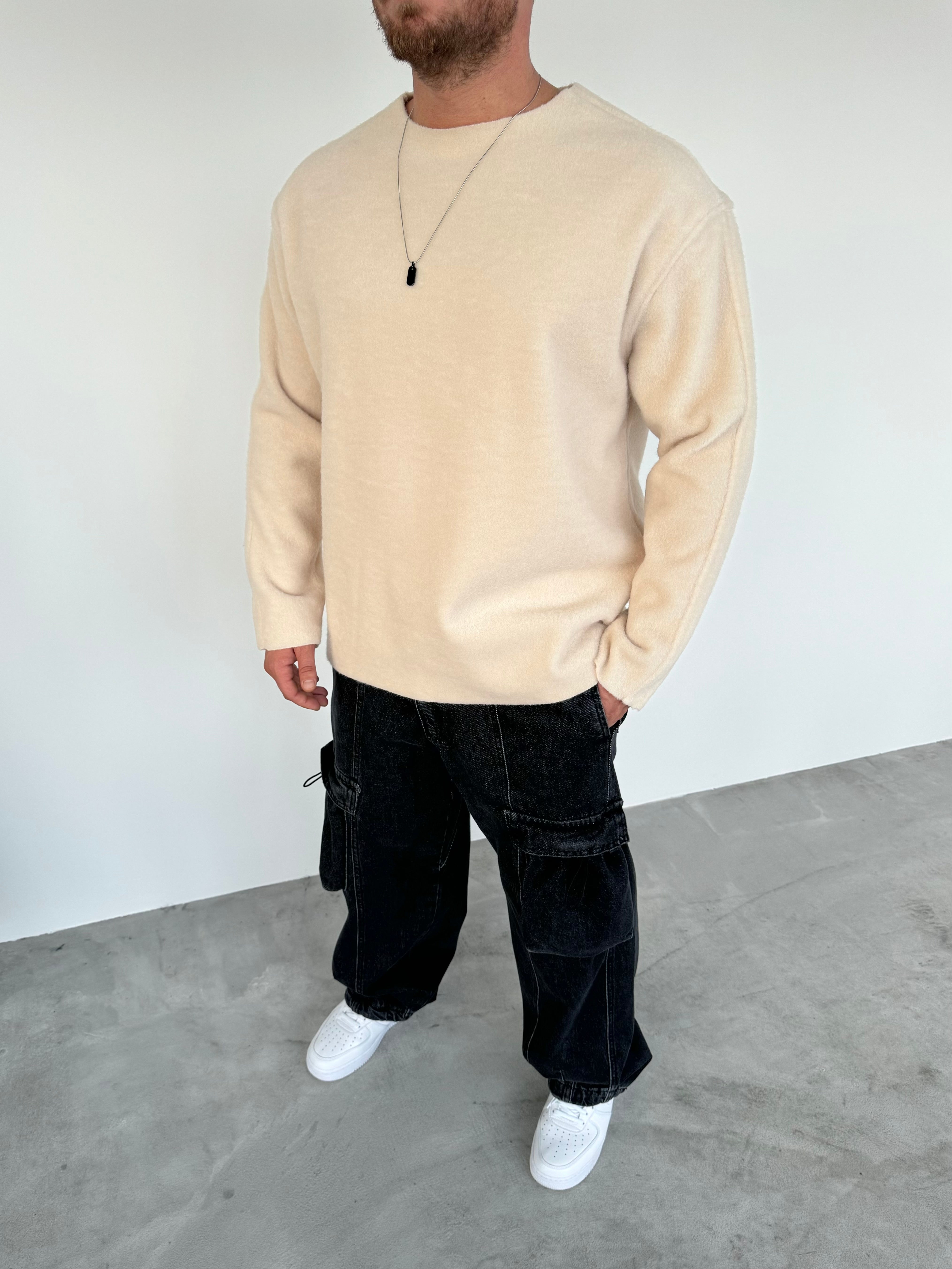 OVERSİZE LAZER KESİM SWEATSHİRT • BEJ