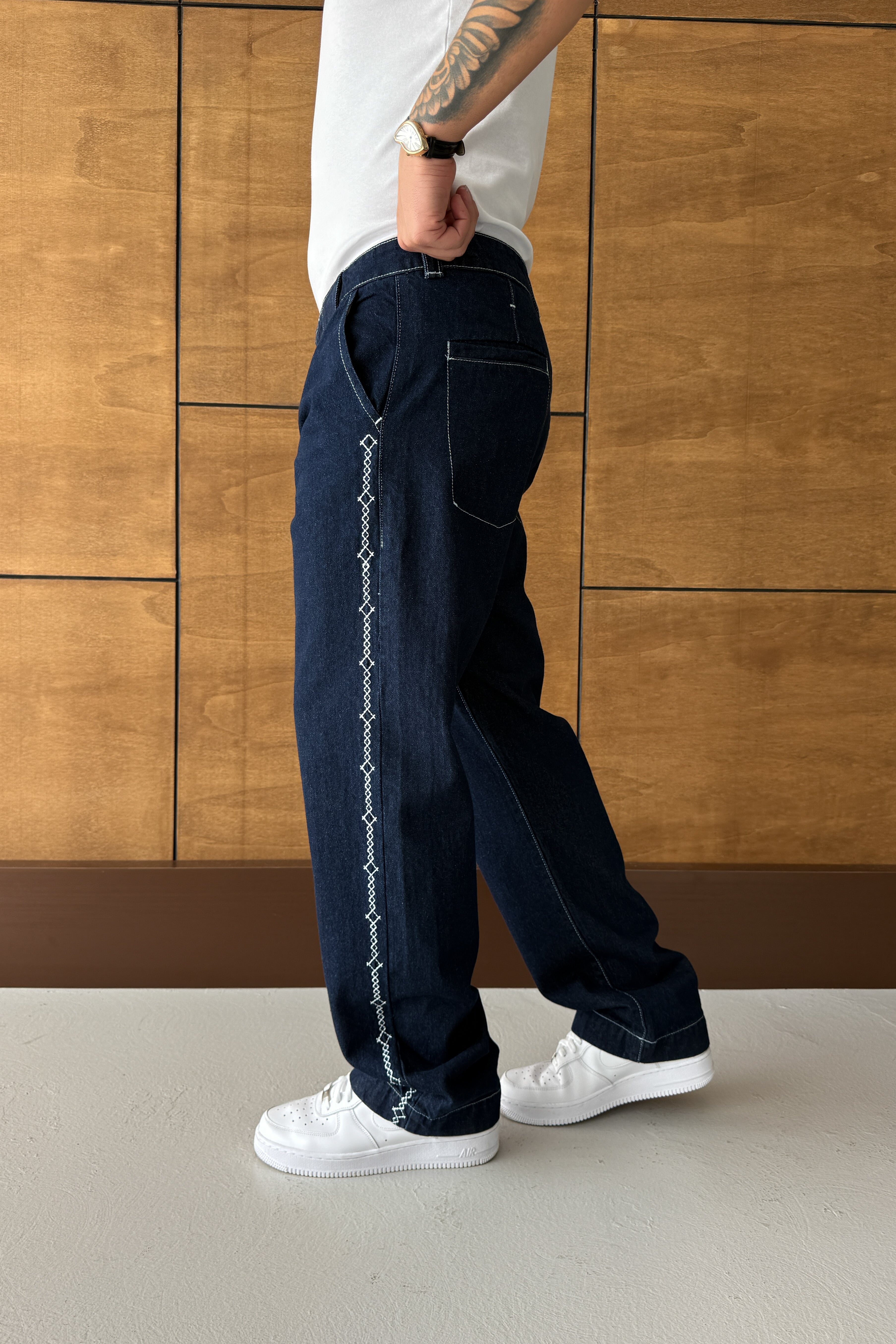 BAGGY FİT YANI İŞLEME DETAY TASARIM KOT PANTOLON • LACİVERT GS