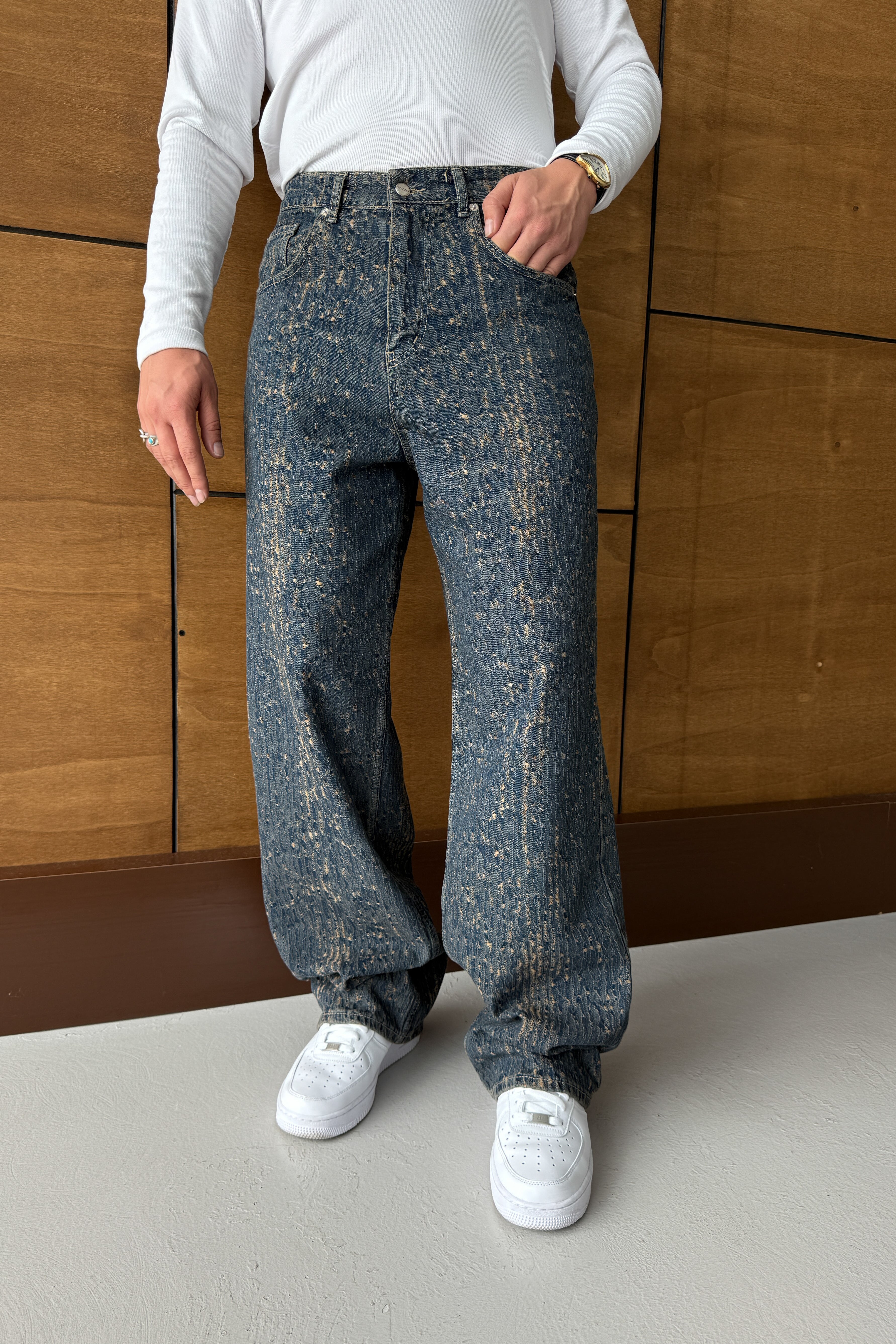 BAGGY FİT ESKİTME DETAY TASARIM KOT PANTOLON • BEJ GS