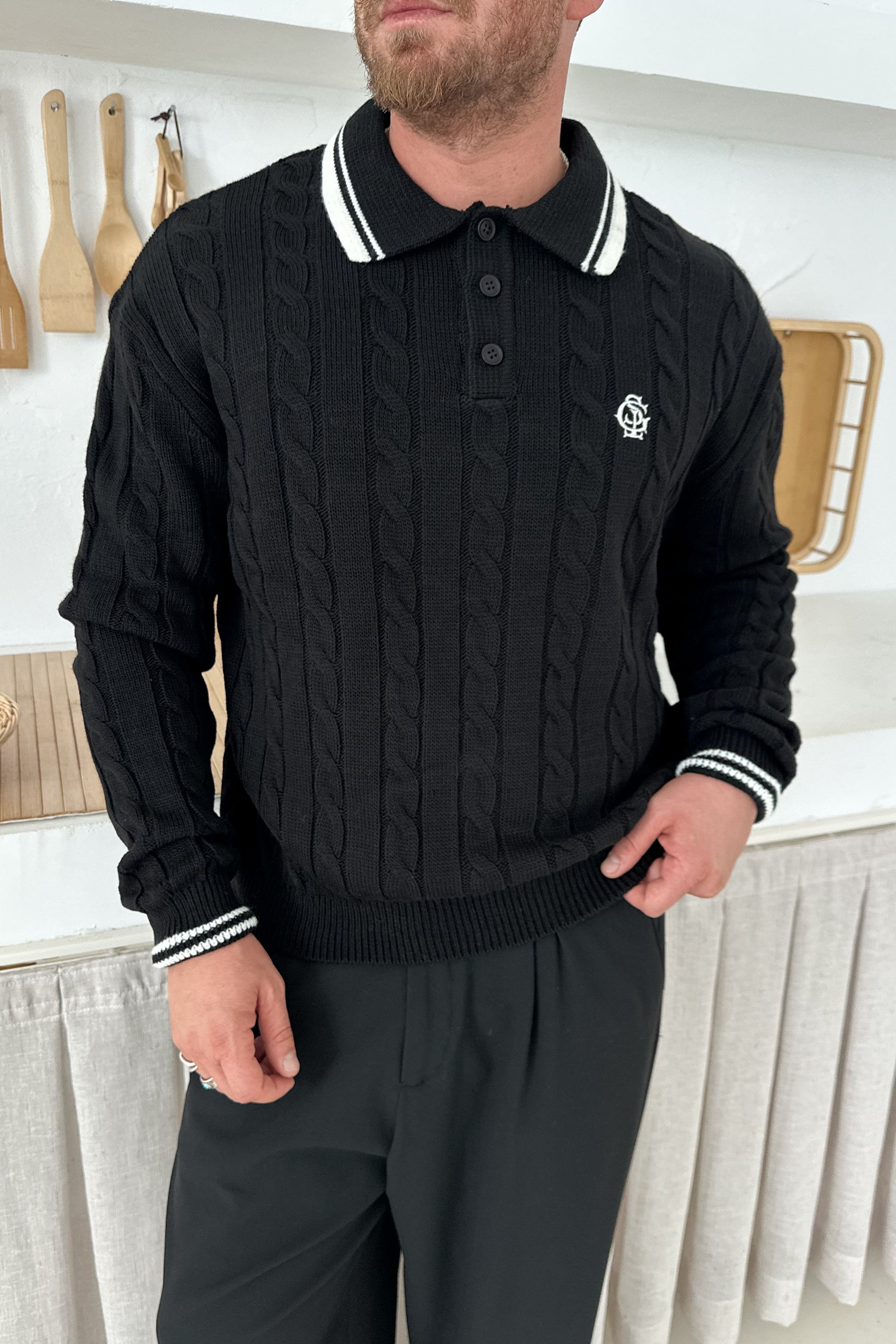 OVERSİZE OLD MONEY ÖRGÜ MODEL POLO YAKA TRİKO • SİYAH