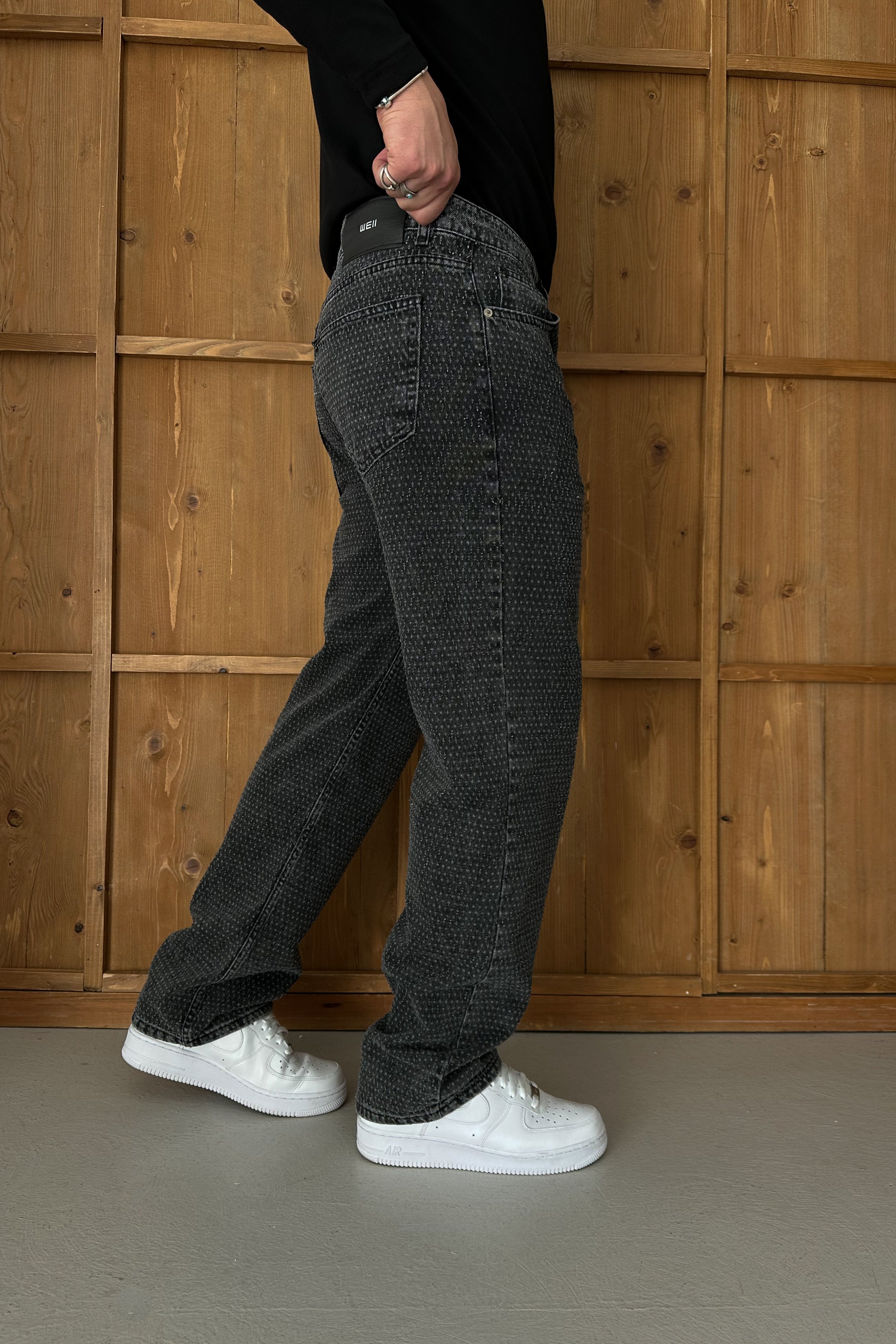 BAGGY FİT NOKTA YIRTIK DETAY TASARIM KOT PANTOLON • SİYAH W11