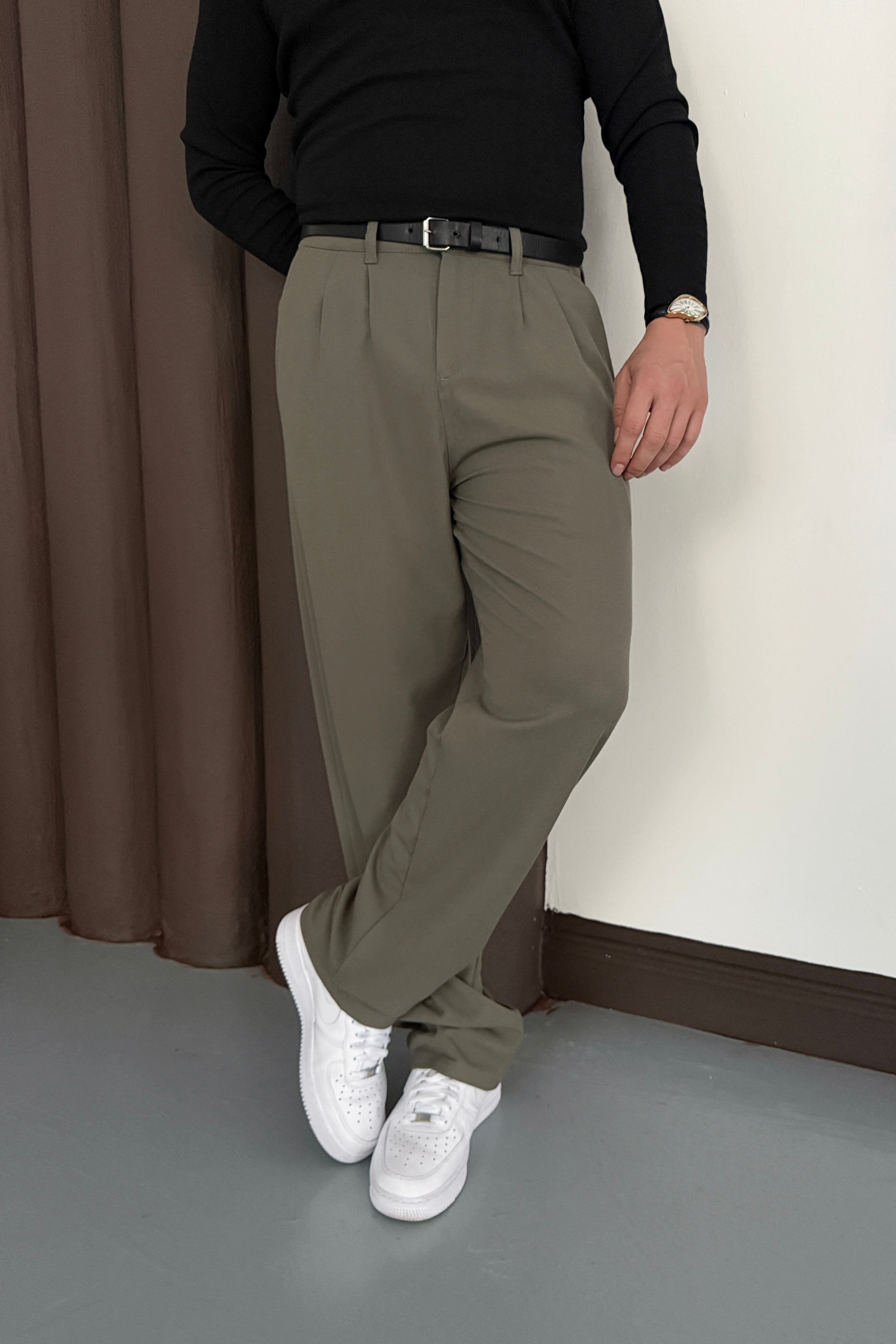 BAGGY KALIP PİLELİ KUMAŞ PANTOLON • HAKİ