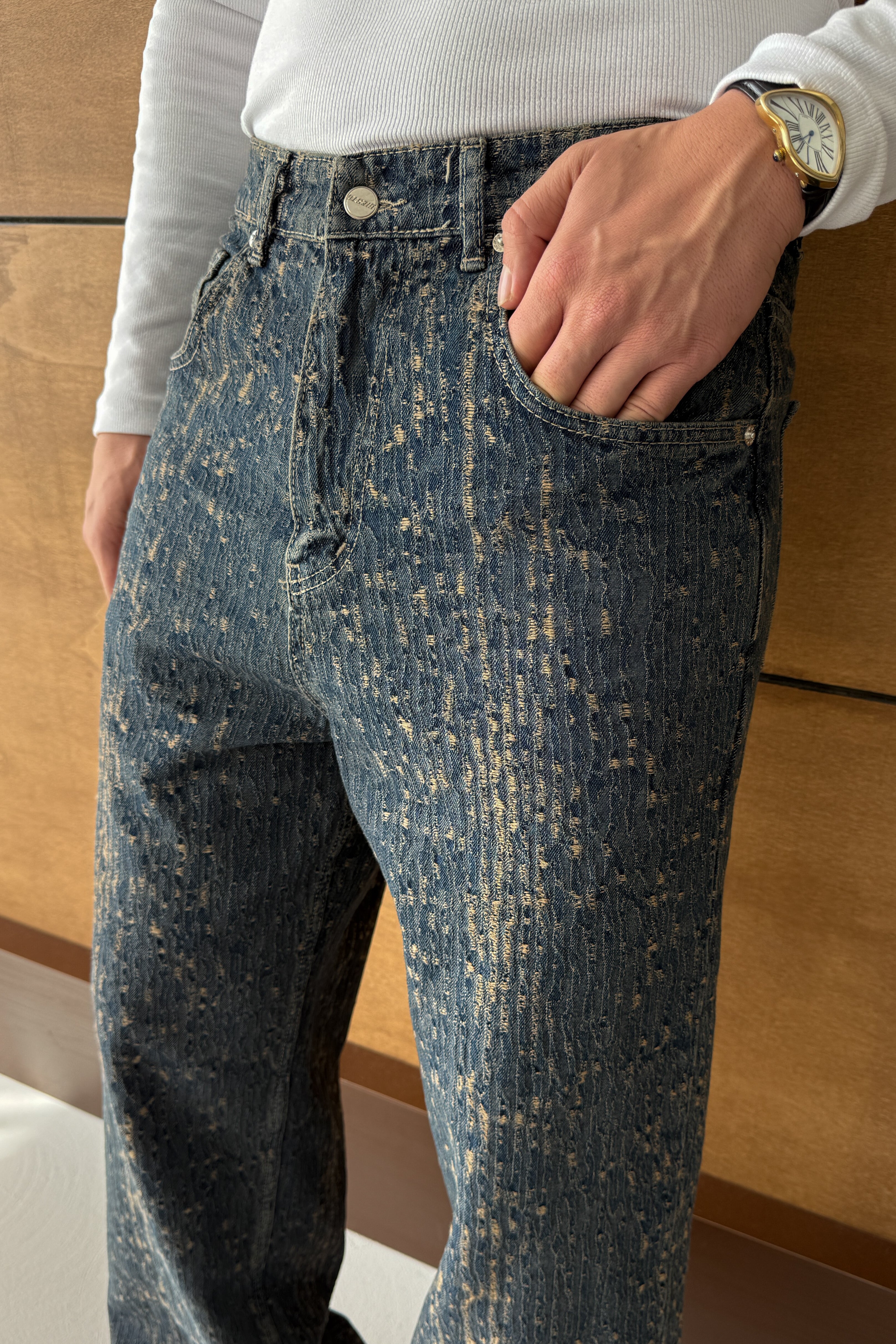 BAGGY FİT ESKİTME DETAY TASARIM KOT PANTOLON • BEJ GS