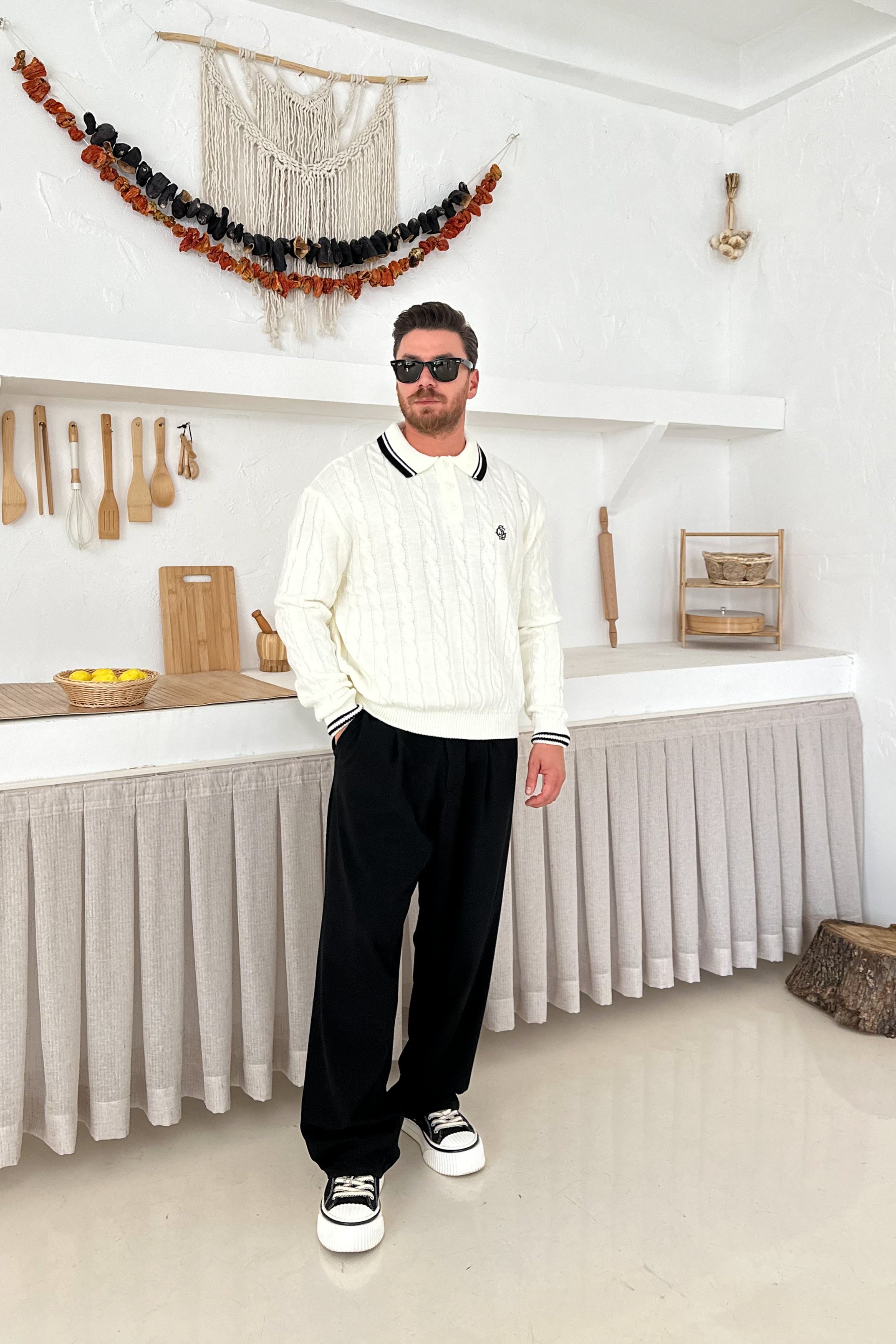 OVERSİZE OLD MONEY ÖRGÜ MODEL POLO YAKA TRİKO • KREM