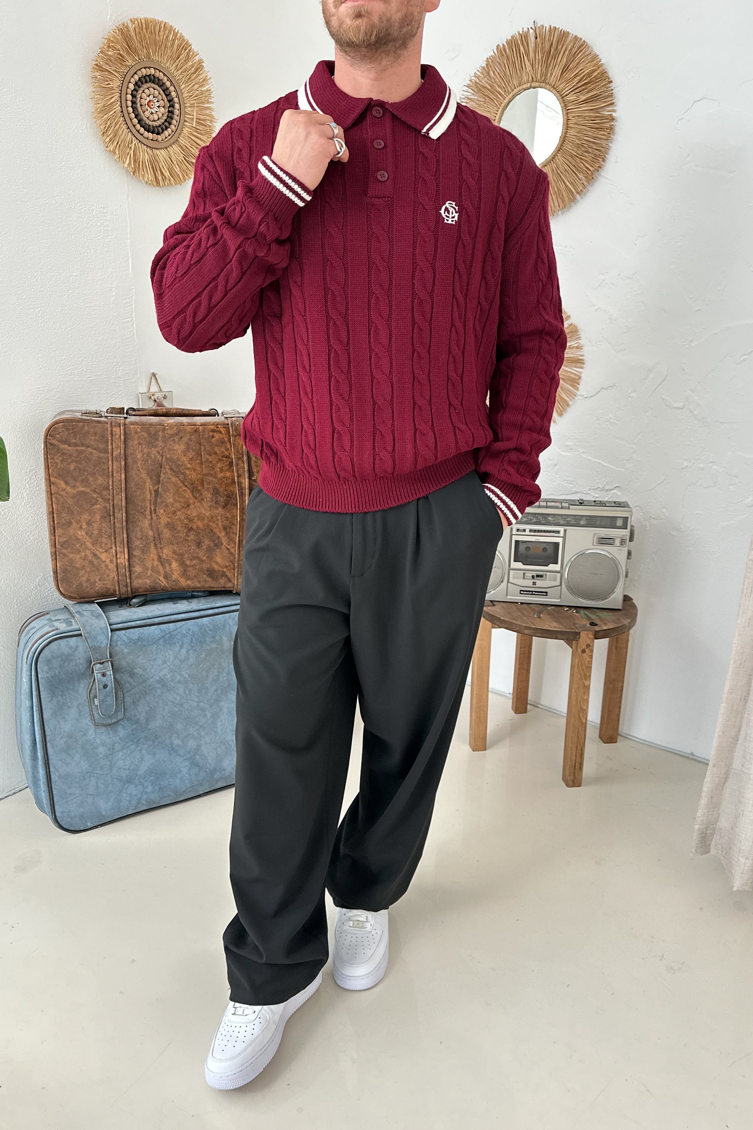 OVERSİZE OLD MONEY ÖRGÜ MODEL POLO YAKA TRİKO • BORDO