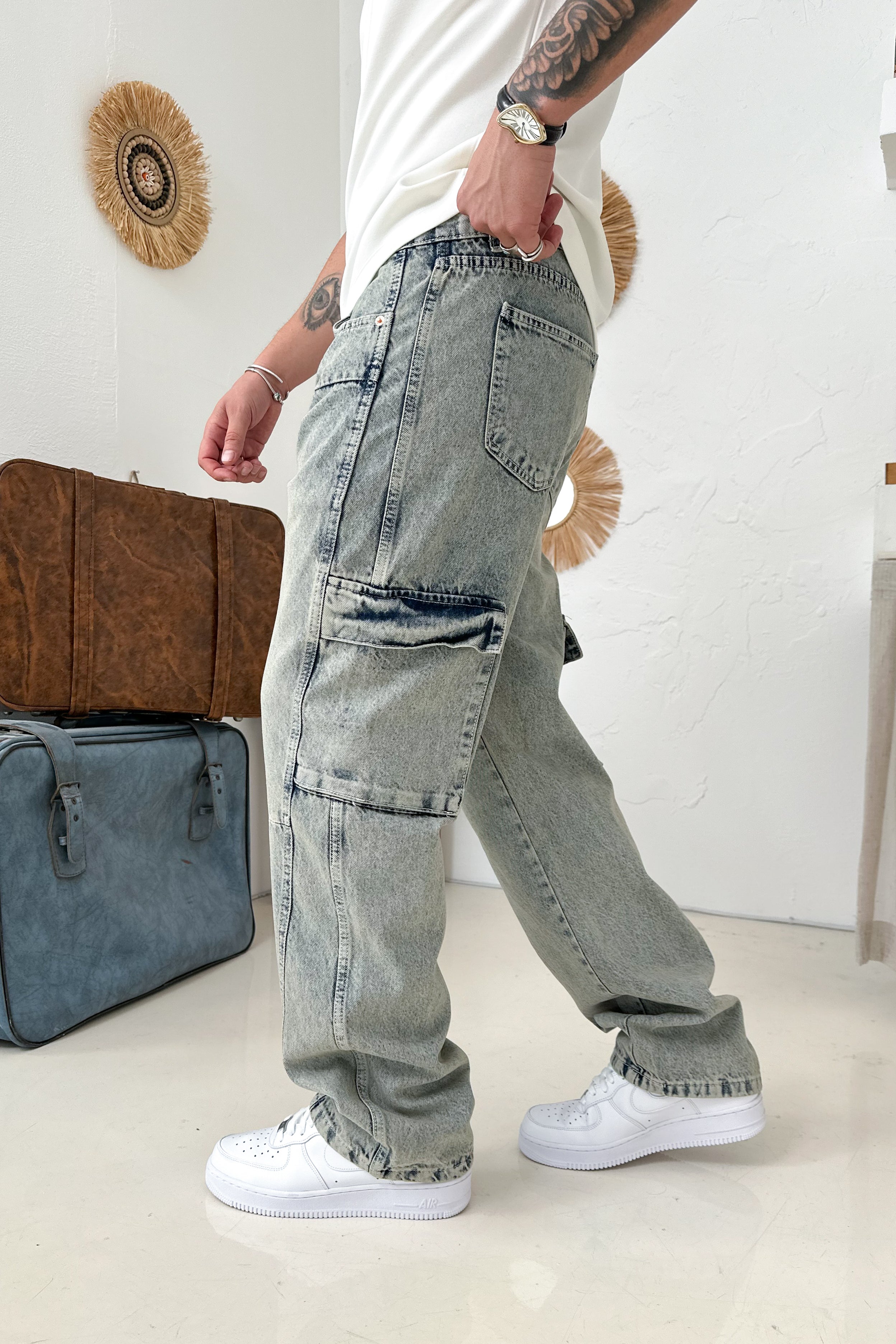 BAGGY KALIP DİKİŞ DETAY KARGO CEP KOT PANTOLON • BEJ