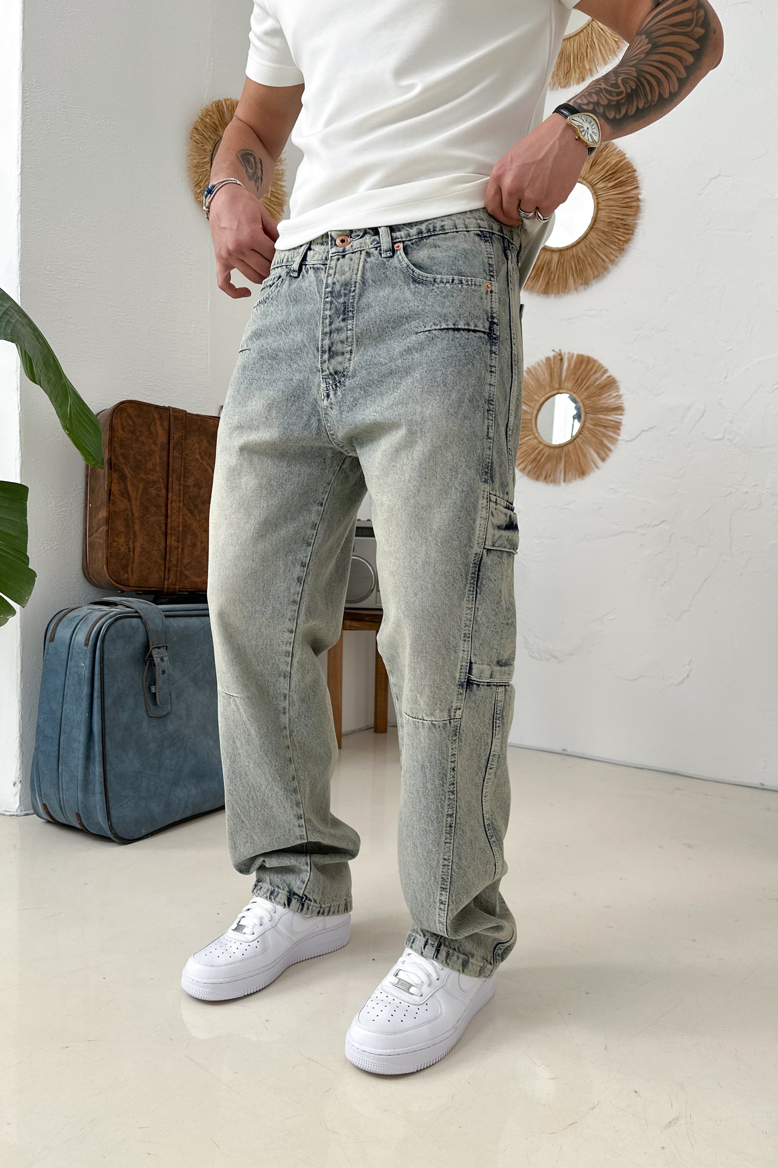 BAGGY KALIP DİKİŞ DETAY KARGO CEP KOT PANTOLON • BEJ