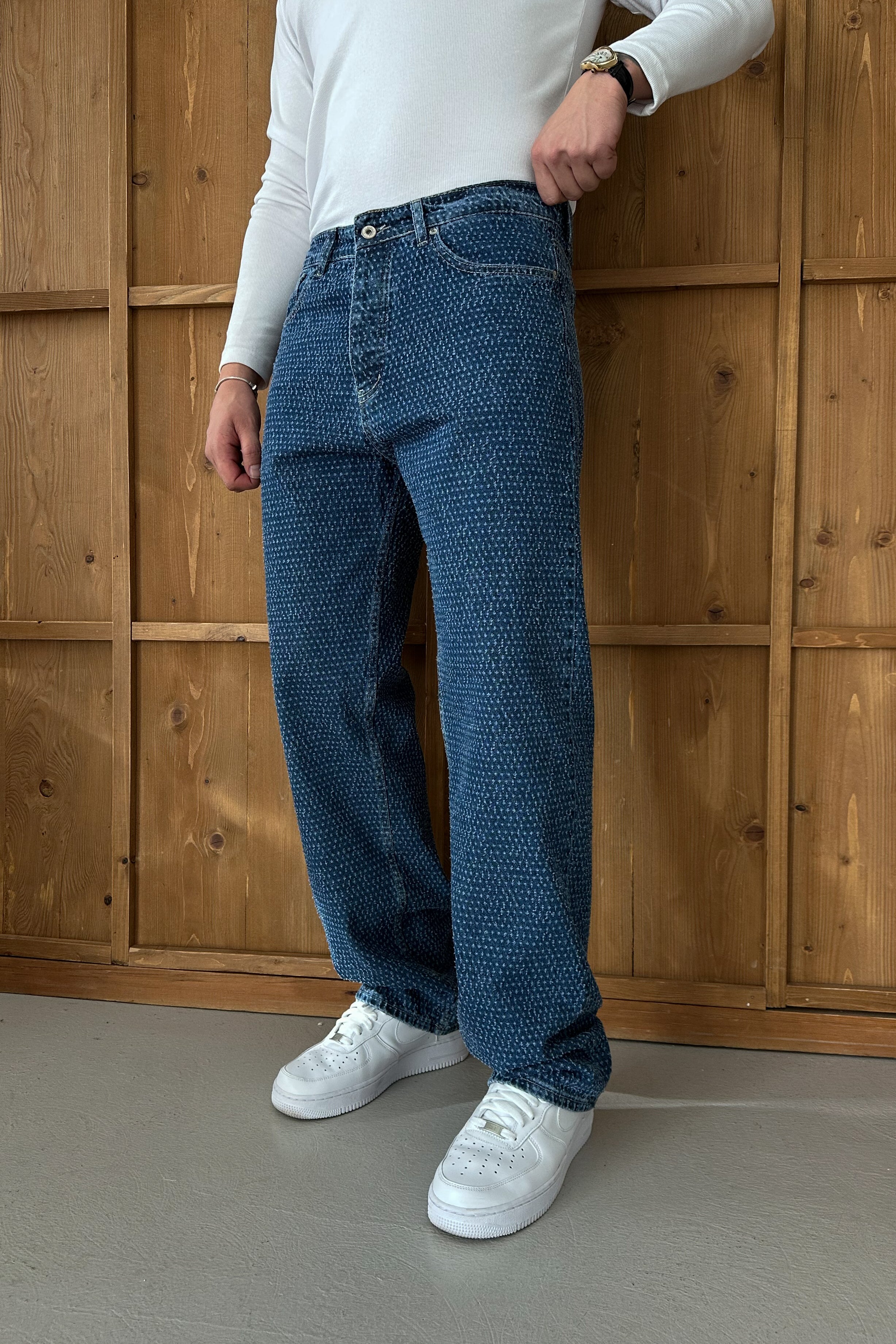 BAGGY FİT NOKTA YIRTIK DETAY TASARIM KOT PANTOLON • LACİVERT W11