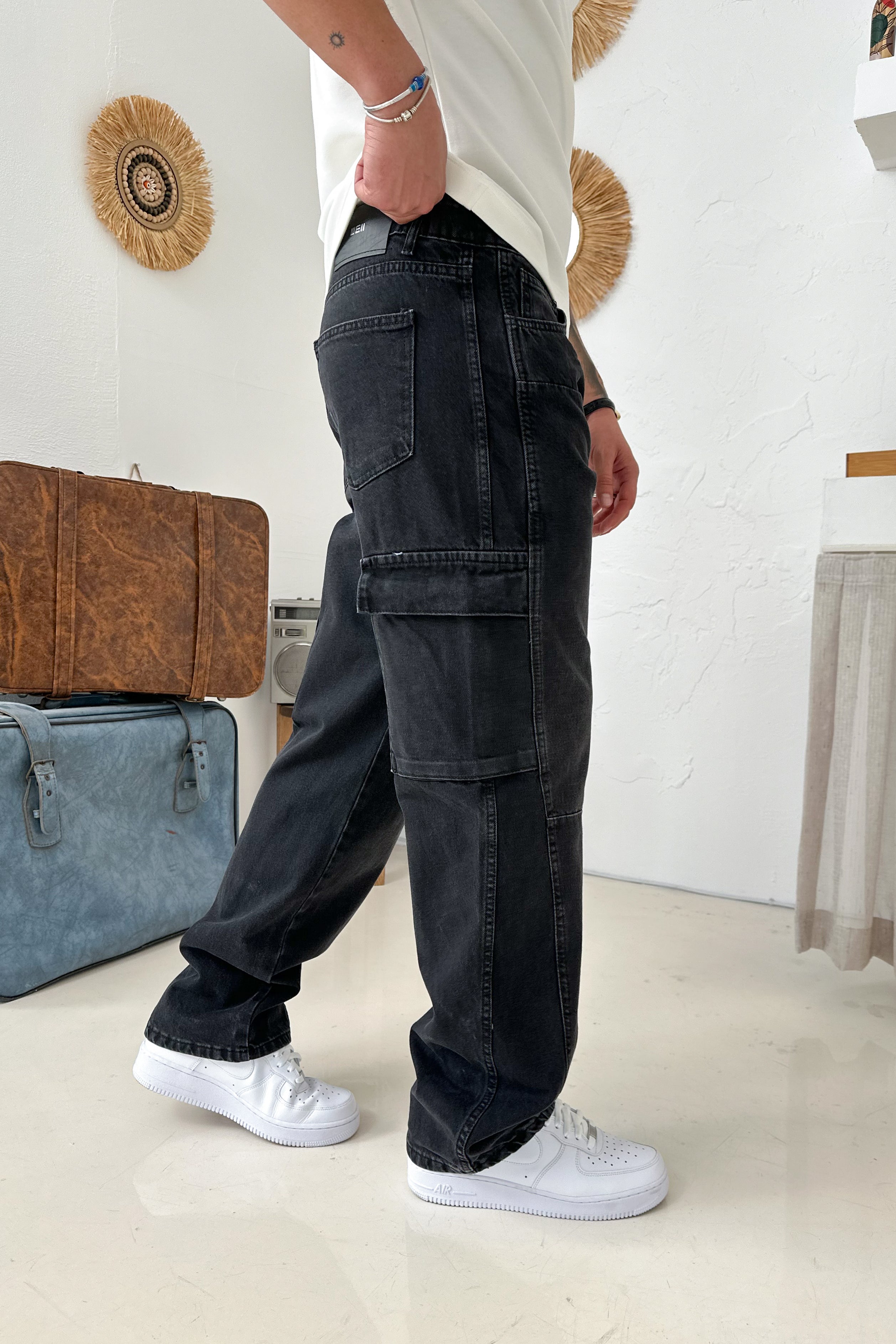 BAGGY KALIP DİKİŞ DETAY KARGO CEP KOT PANTOLON • SİYAH