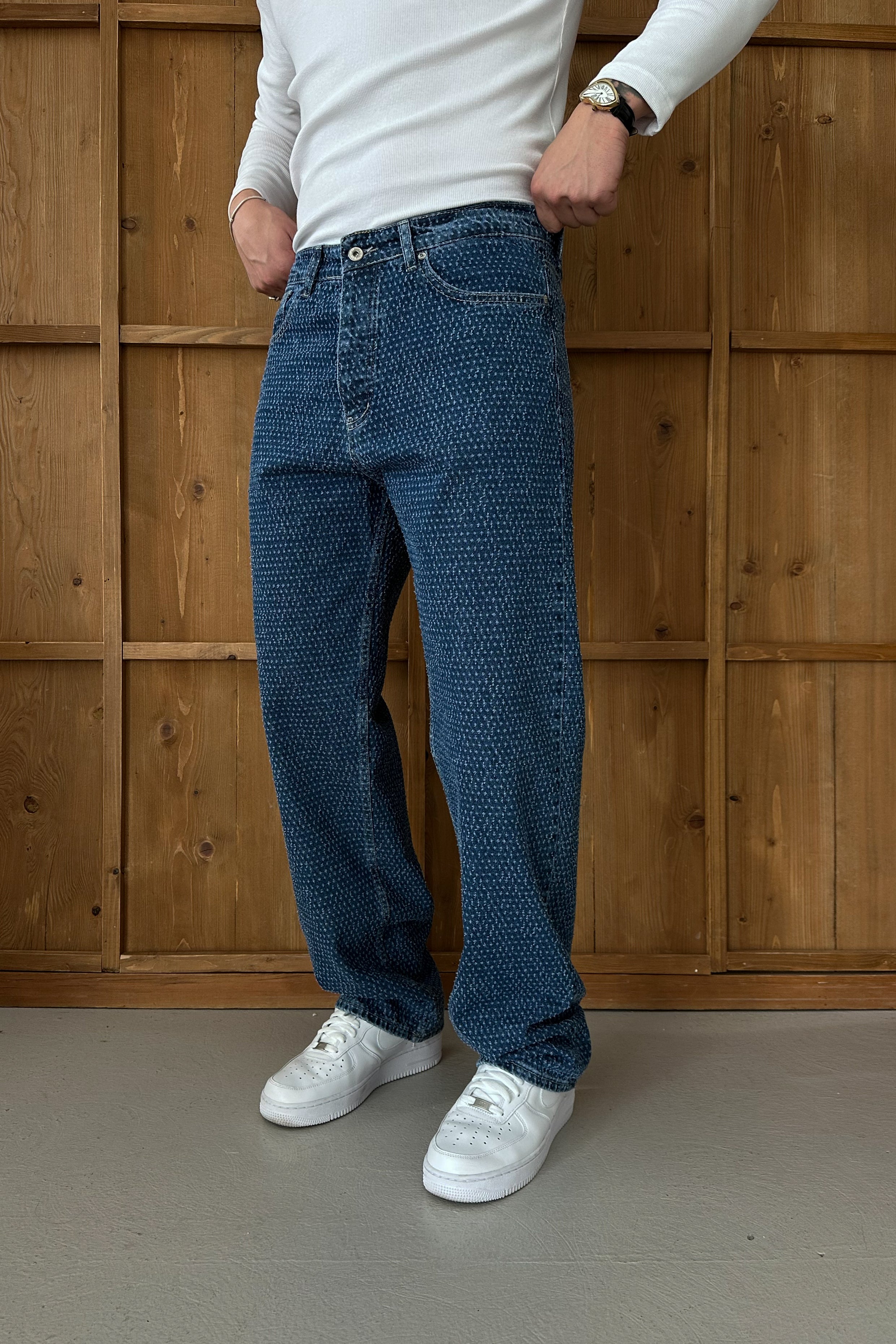 BAGGY FİT NOKTA YIRTIK DETAY TASARIM KOT PANTOLON • LACİVERT W11