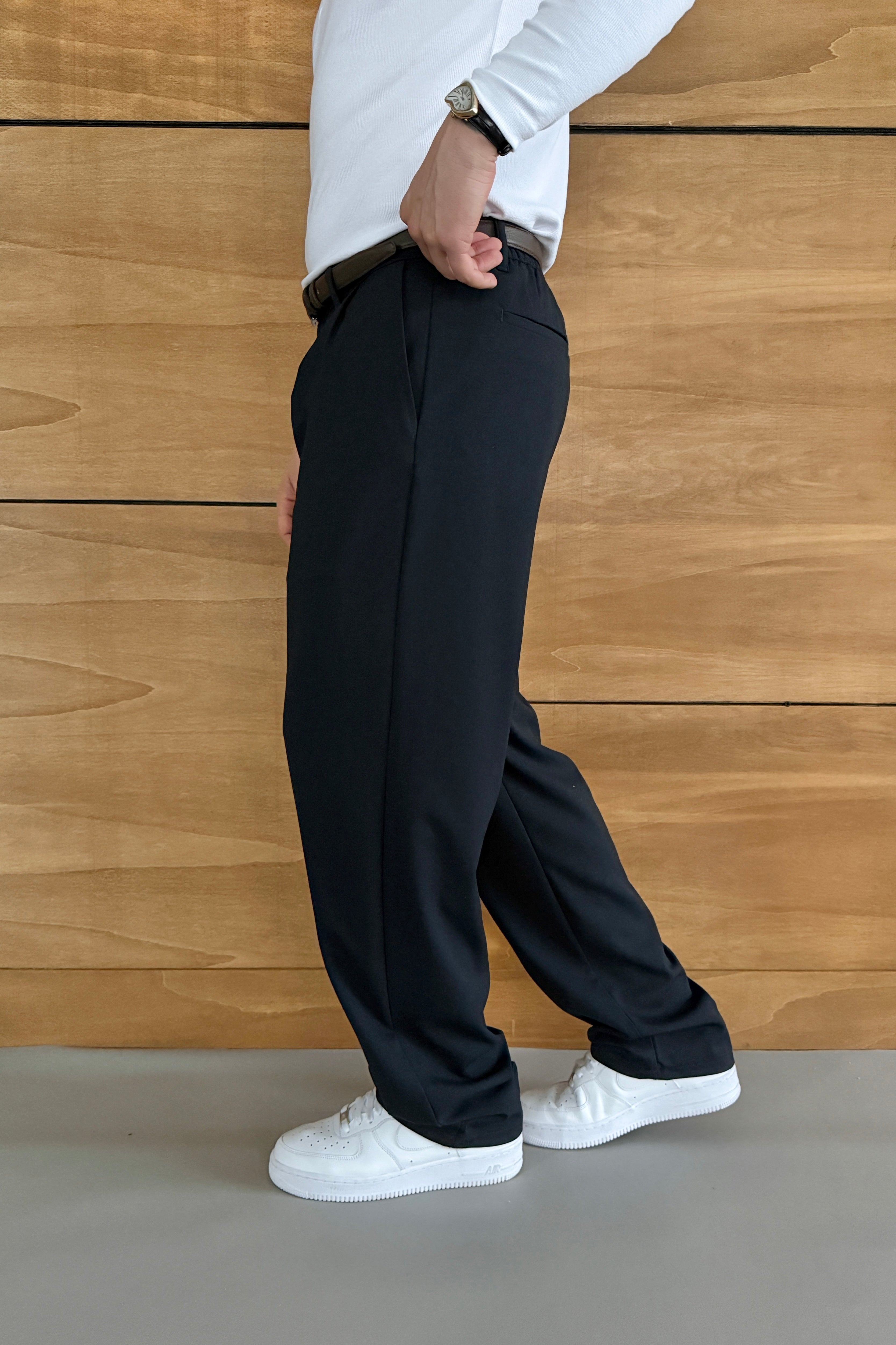 BAGGY KALIP PİLELİ KUMAŞ PANTOLON • LACİVERT